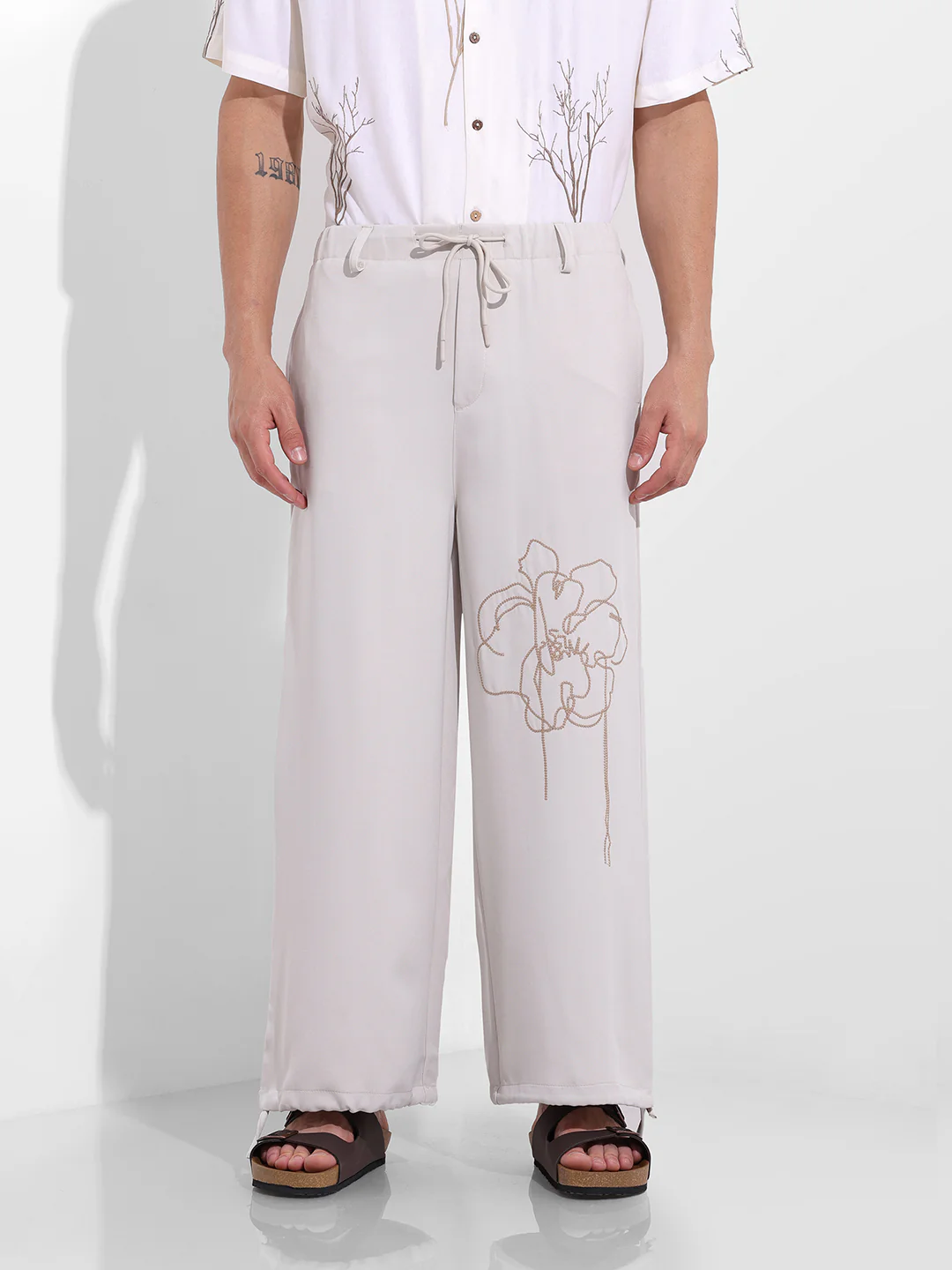 Men's Bone White Wide Leg Fit Embroided Retro Wear Jogger - Image 6
