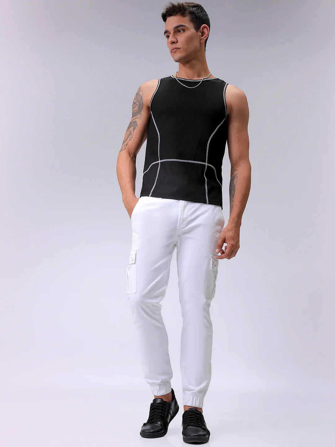 Men's White Regular Fit Solid Utility Cargo - Image 2