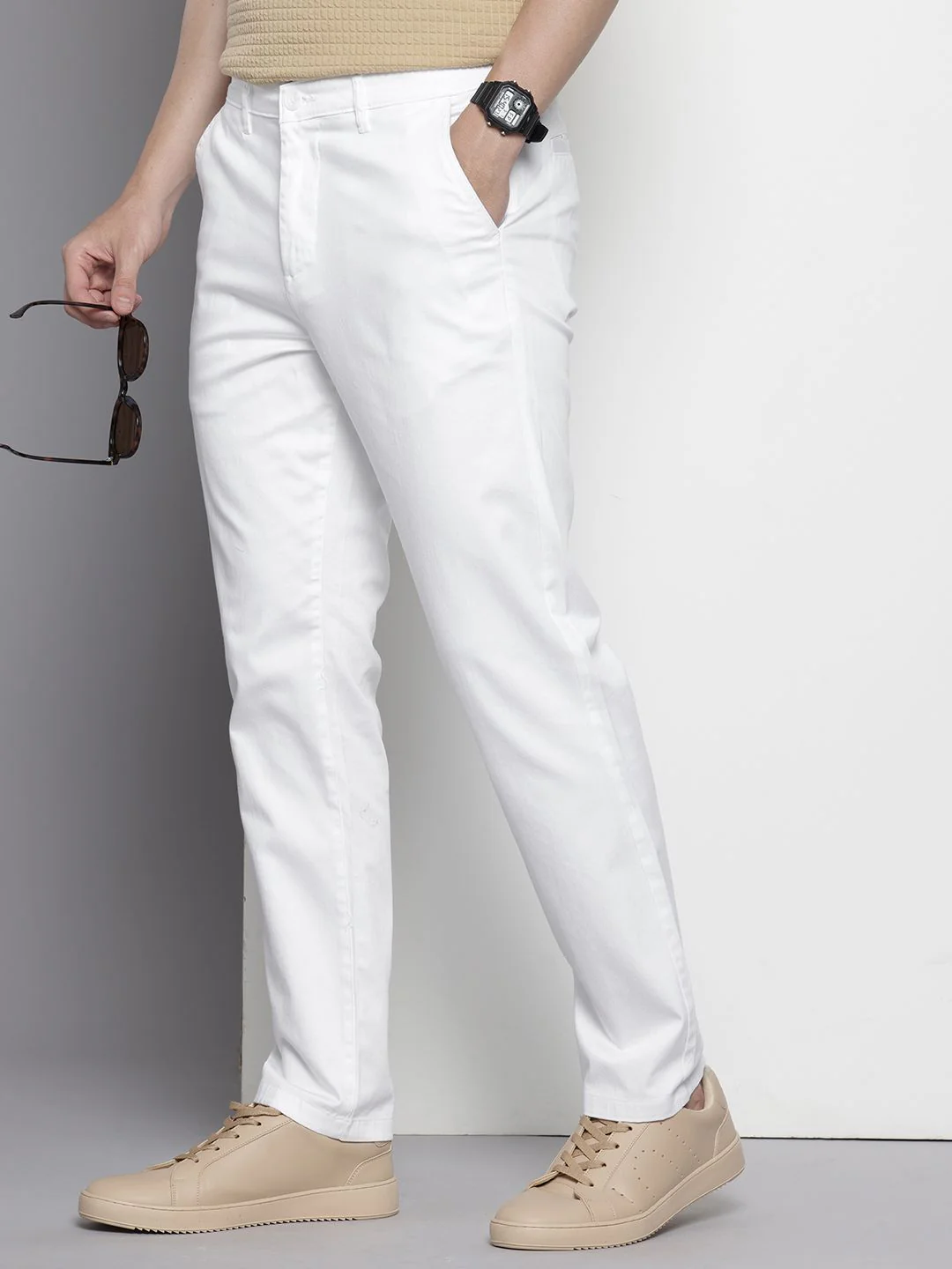 Men's White Regular Fit Solid Casual Chinos - Image 2