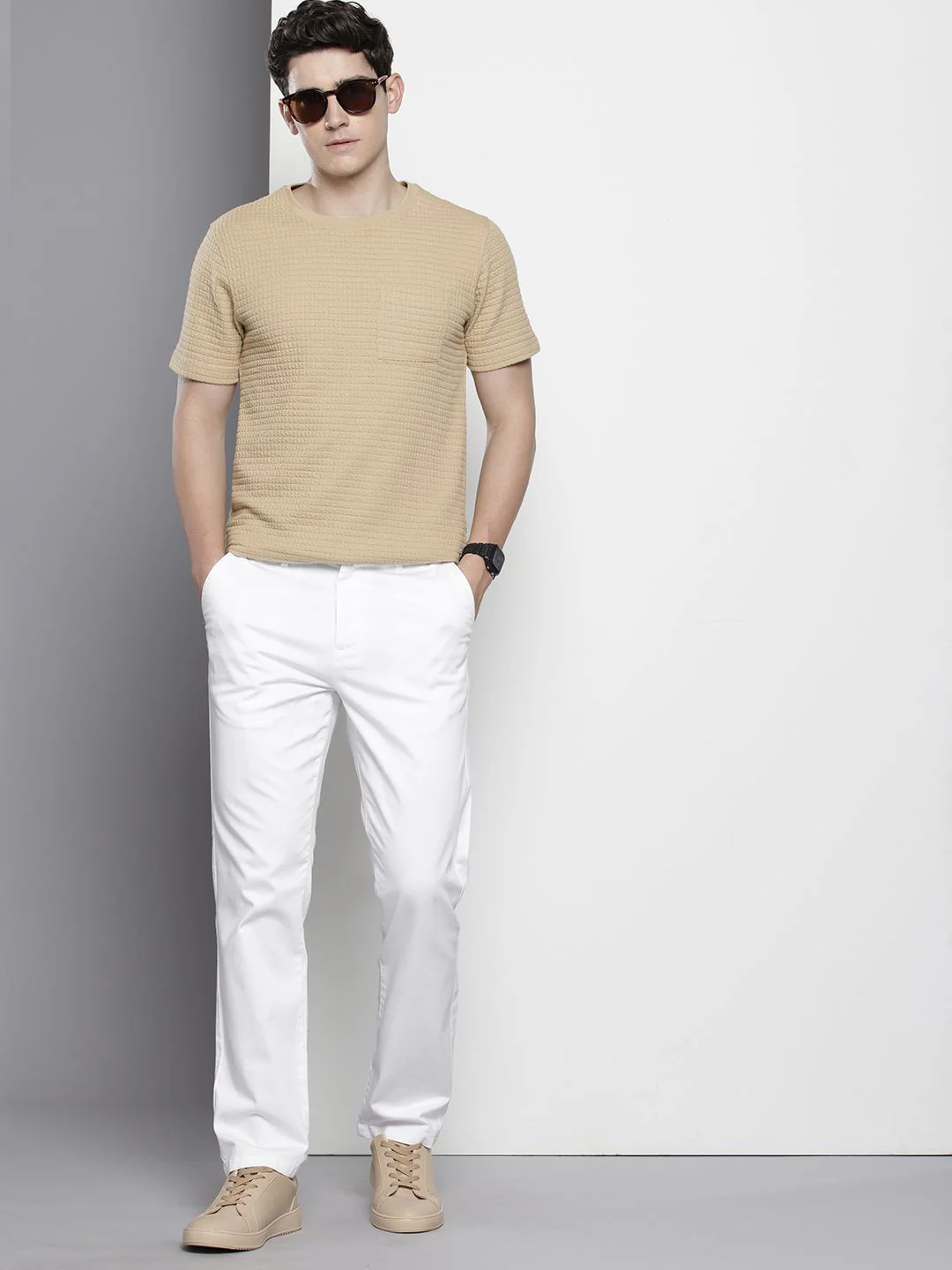 Men's White Regular Fit Solid Casual Chinos - Image 3