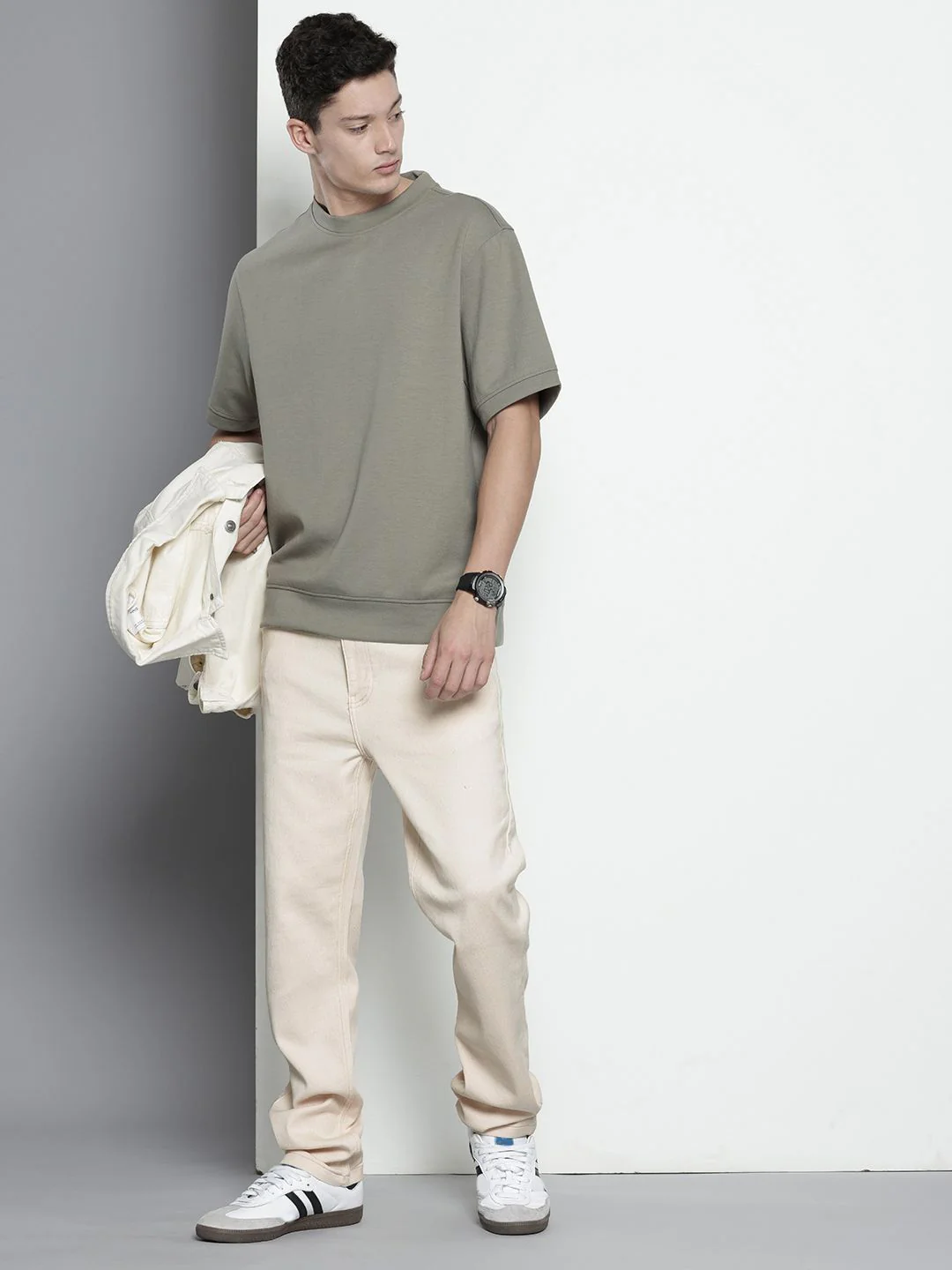 Men's Off White Regular Fit Solid Casual Jeans - Image 2