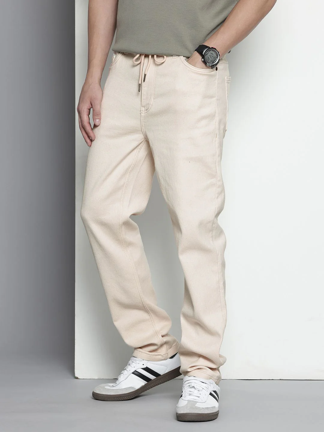 Men's Off White Regular Fit Solid Casual Jeans - Image 3