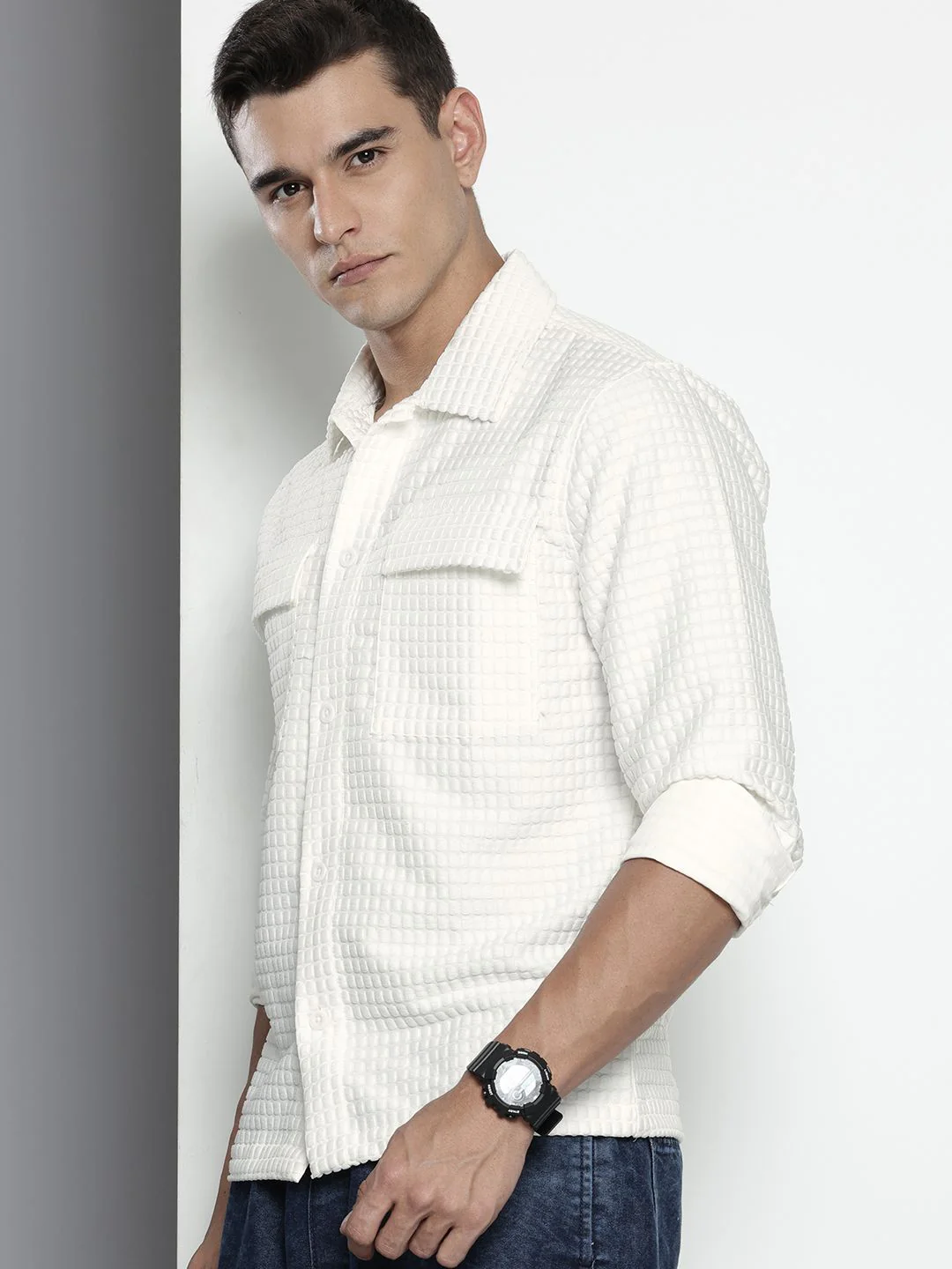 Men's White Regular Fit Solid Textured Shirt - Image 2