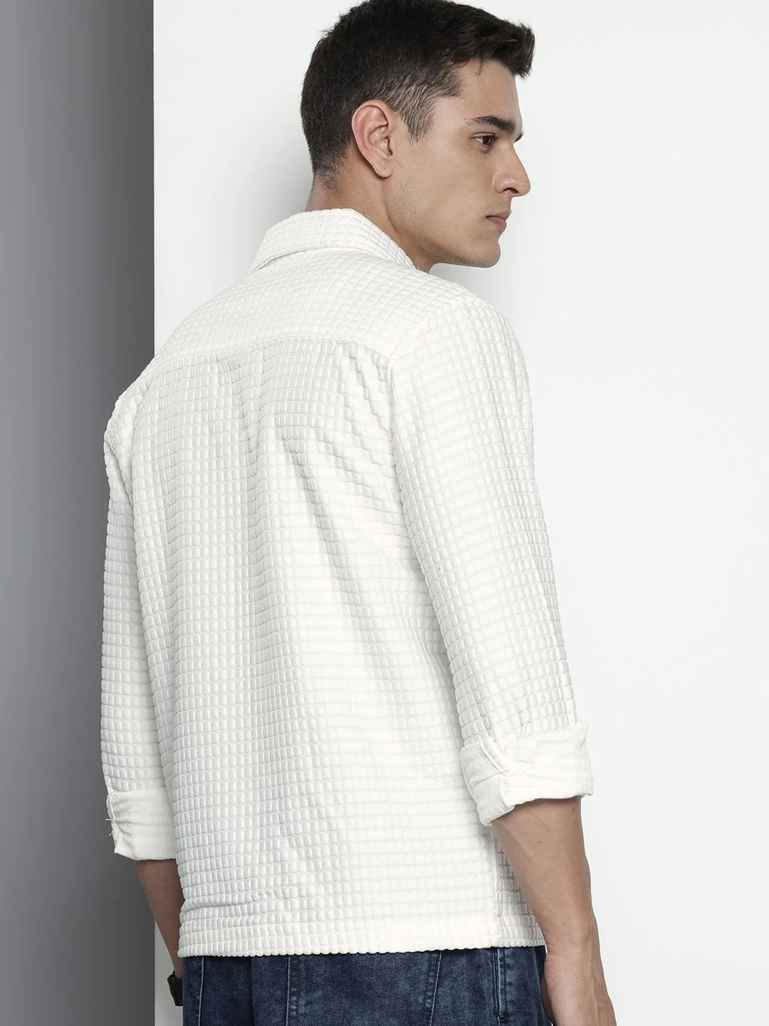Men's White Regular Fit Solid Textured Shirt - Image 4
