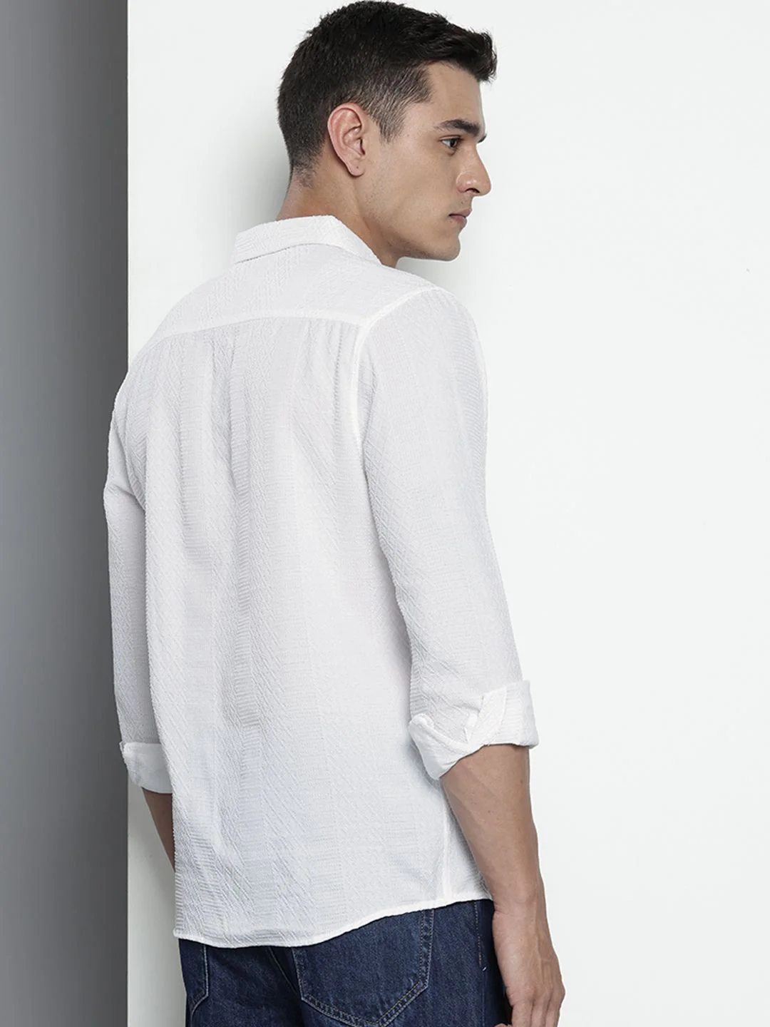 Men's White Regular Fit Solid Textured Shirt - Image 2