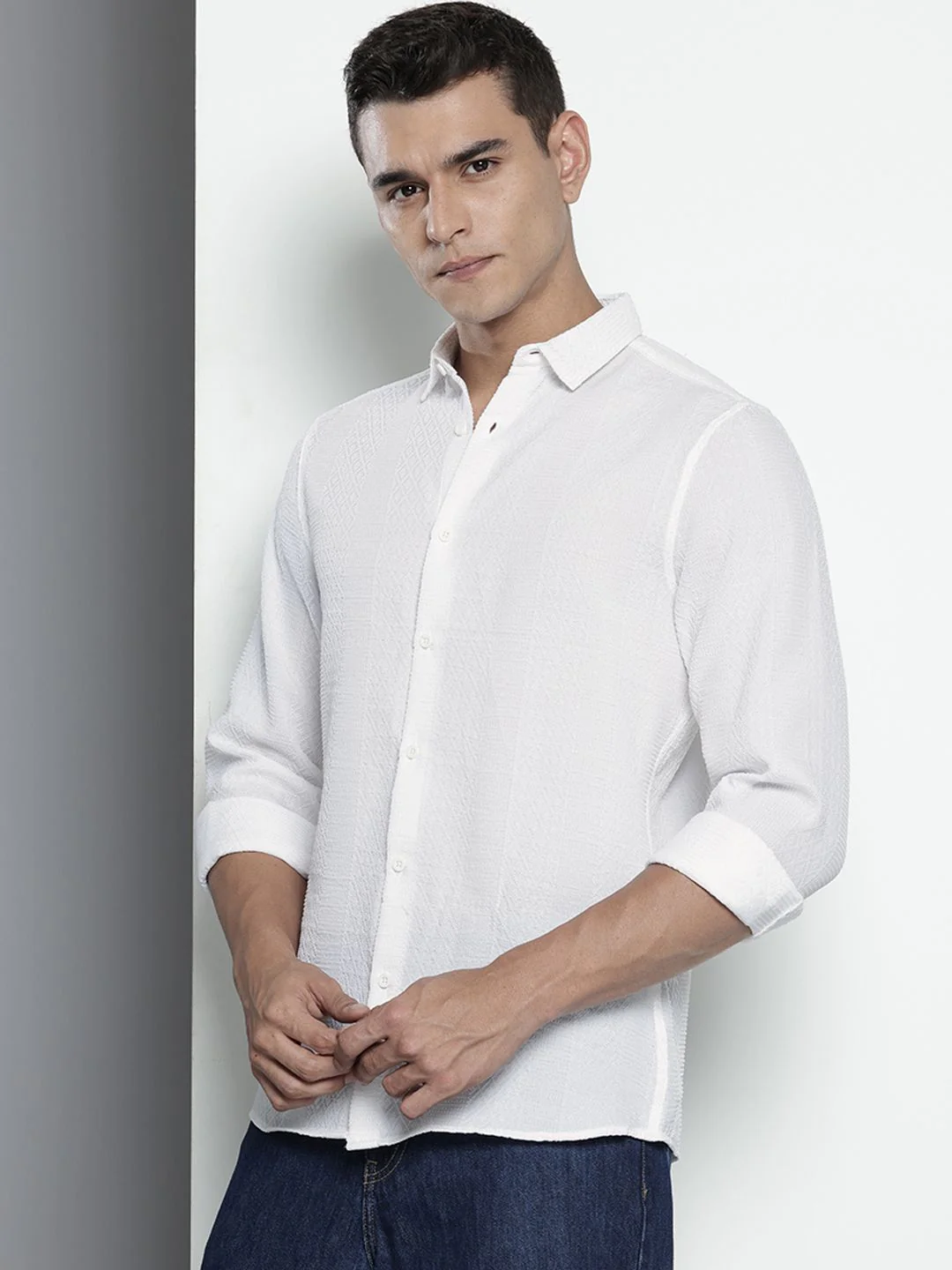 Men's White Regular Fit Solid Textured Shirt - Image 3
