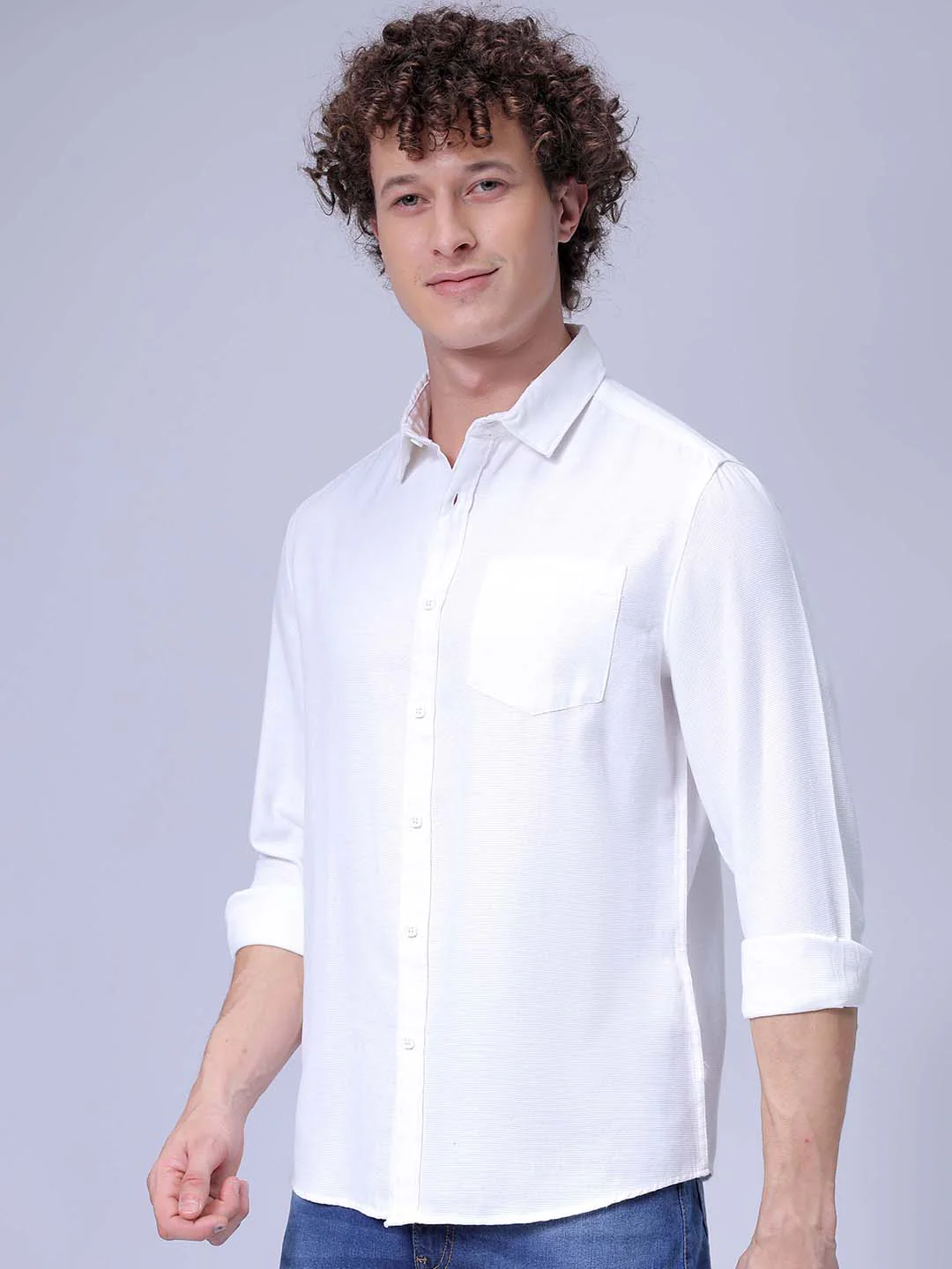Men's White Regular Fit Solid Textured Shirt - Image 2