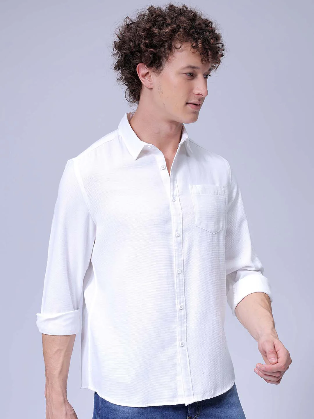 Men's White Regular Fit Solid Textured Shirt - Image 3