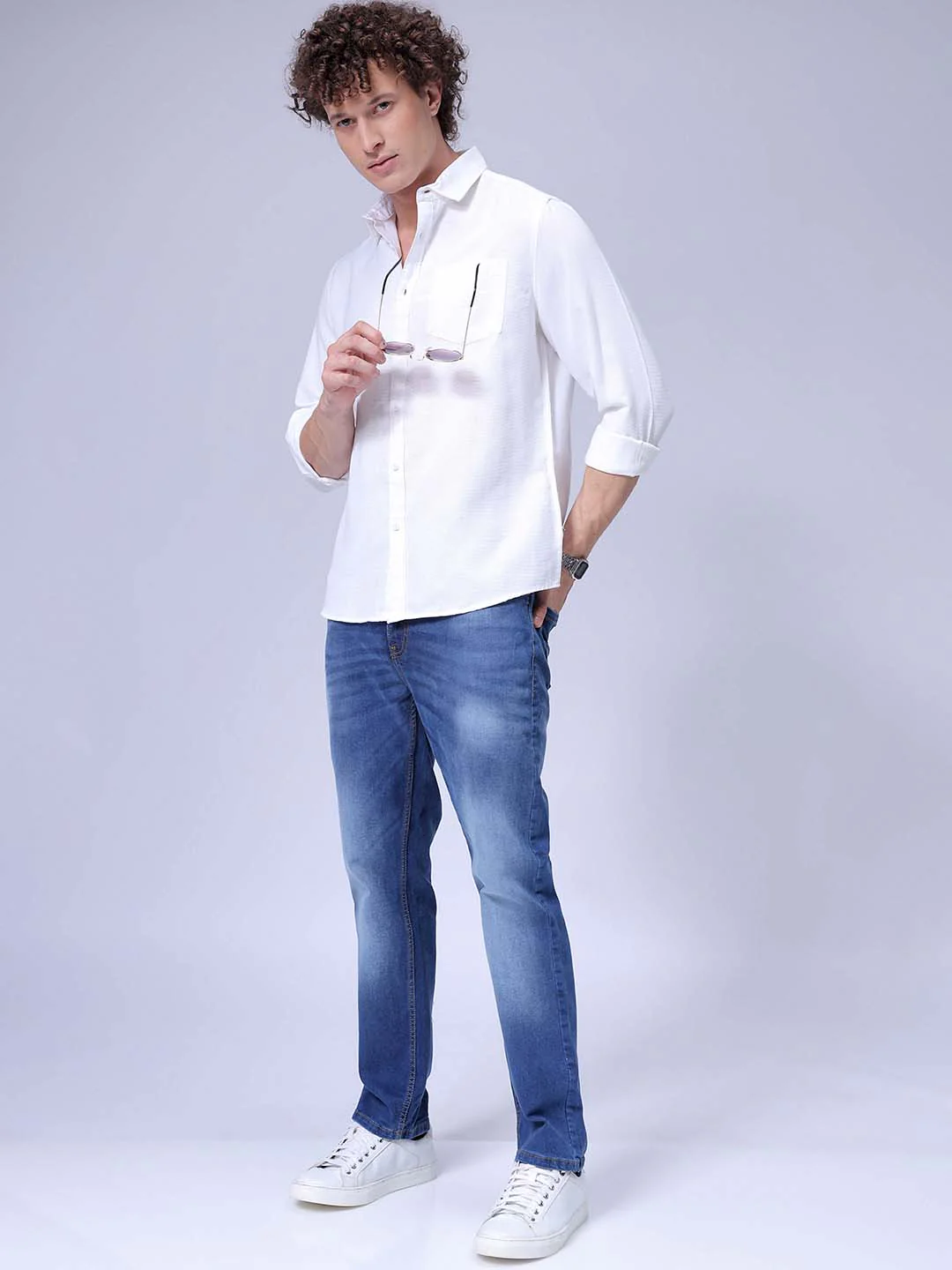 Men's White Regular Fit Solid Textured Shirt - Image 4