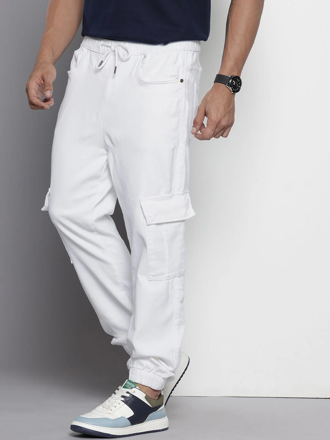 Men's White Regular Fit Solid Utility Jeans - Image 5