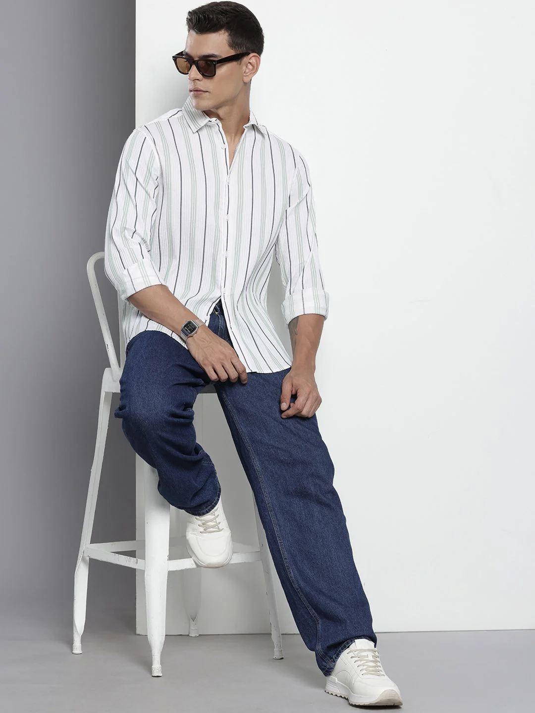 Men's White Regular Fit Striped Textured Shirt - Image 2