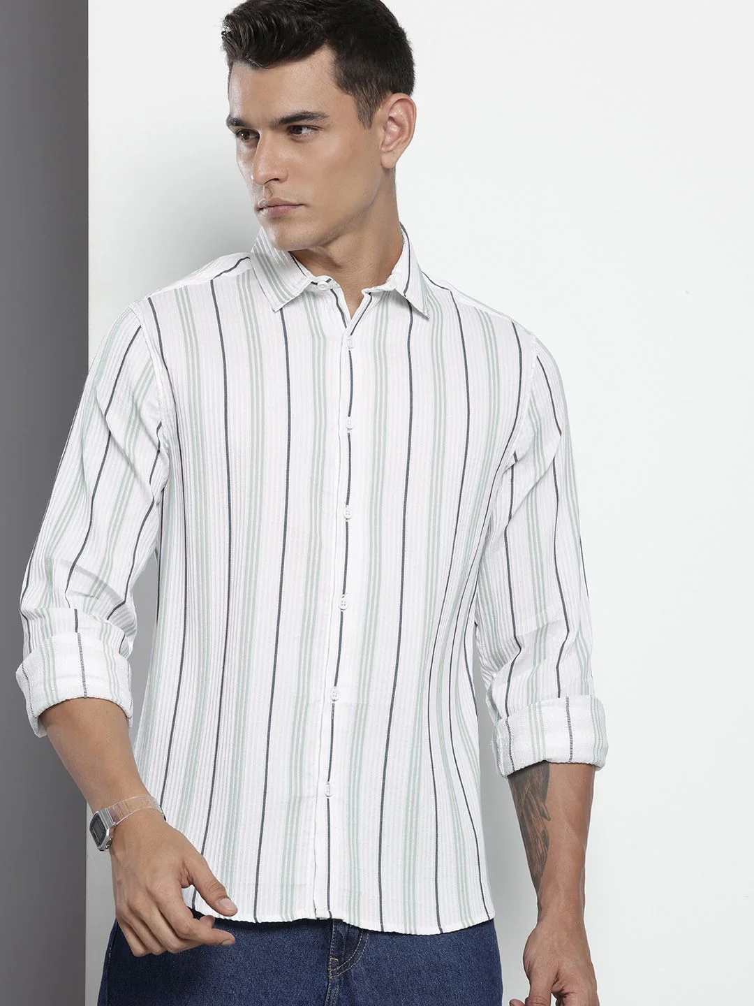 Men's White Regular Fit Striped Textured Shirt - Image 4