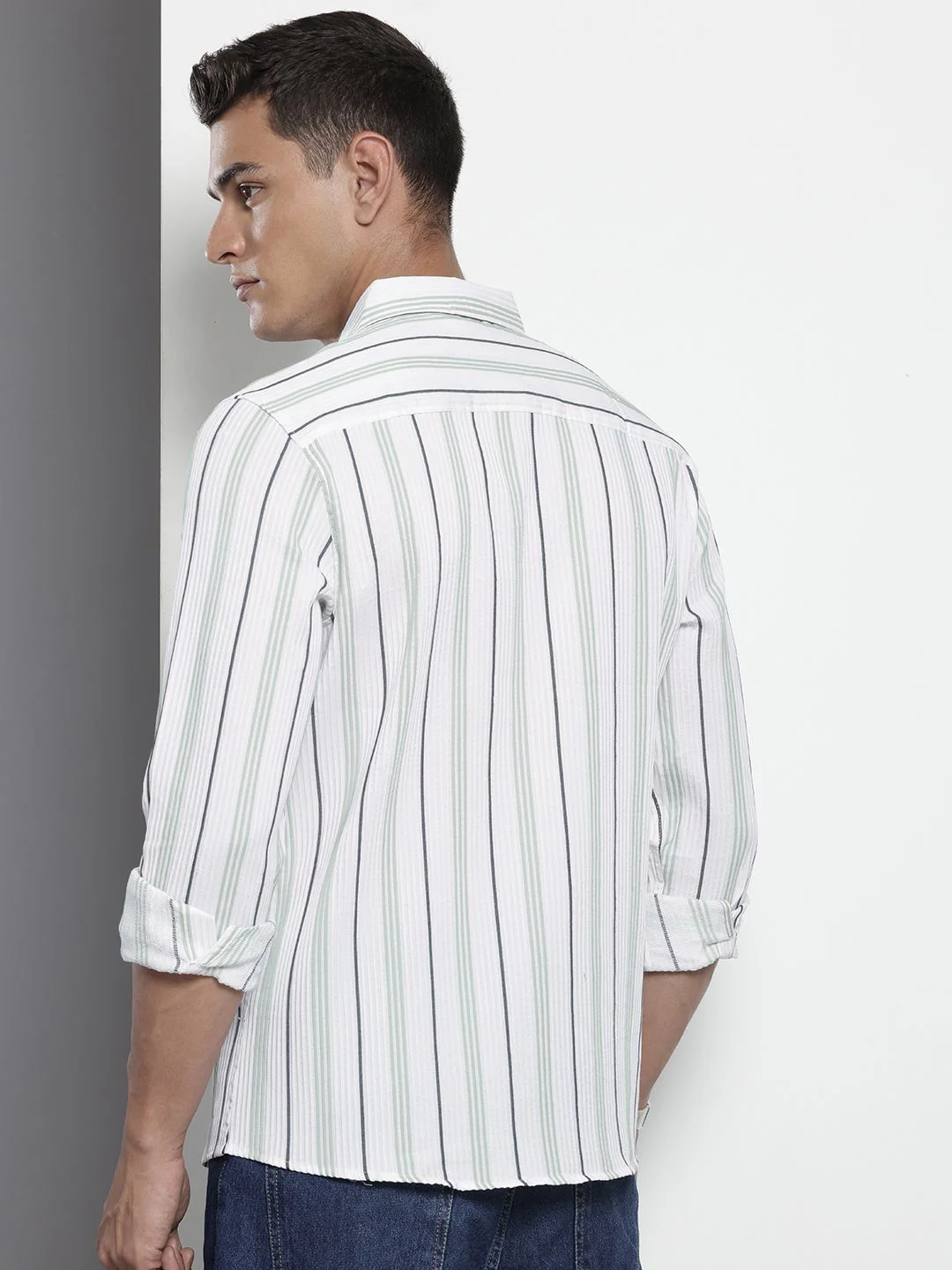 Men's White Regular Fit Striped Textured Shirt - Image 5
