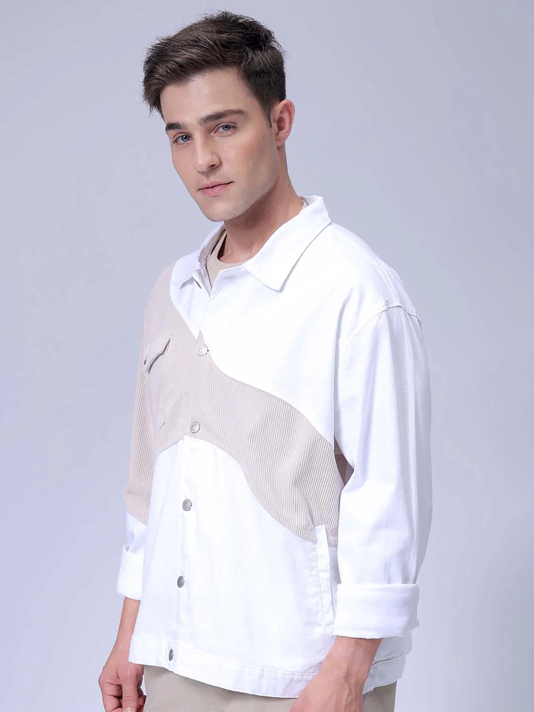 Men's Optic White Relaxed Fit Colourblocked Casual Jacket - Image 4