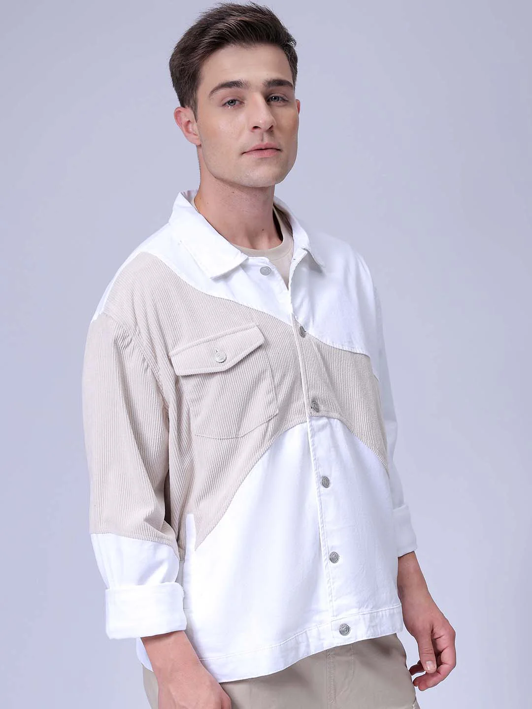 Men's Optic White Relaxed Fit Colourblocked Casual Jacket - Image 5
