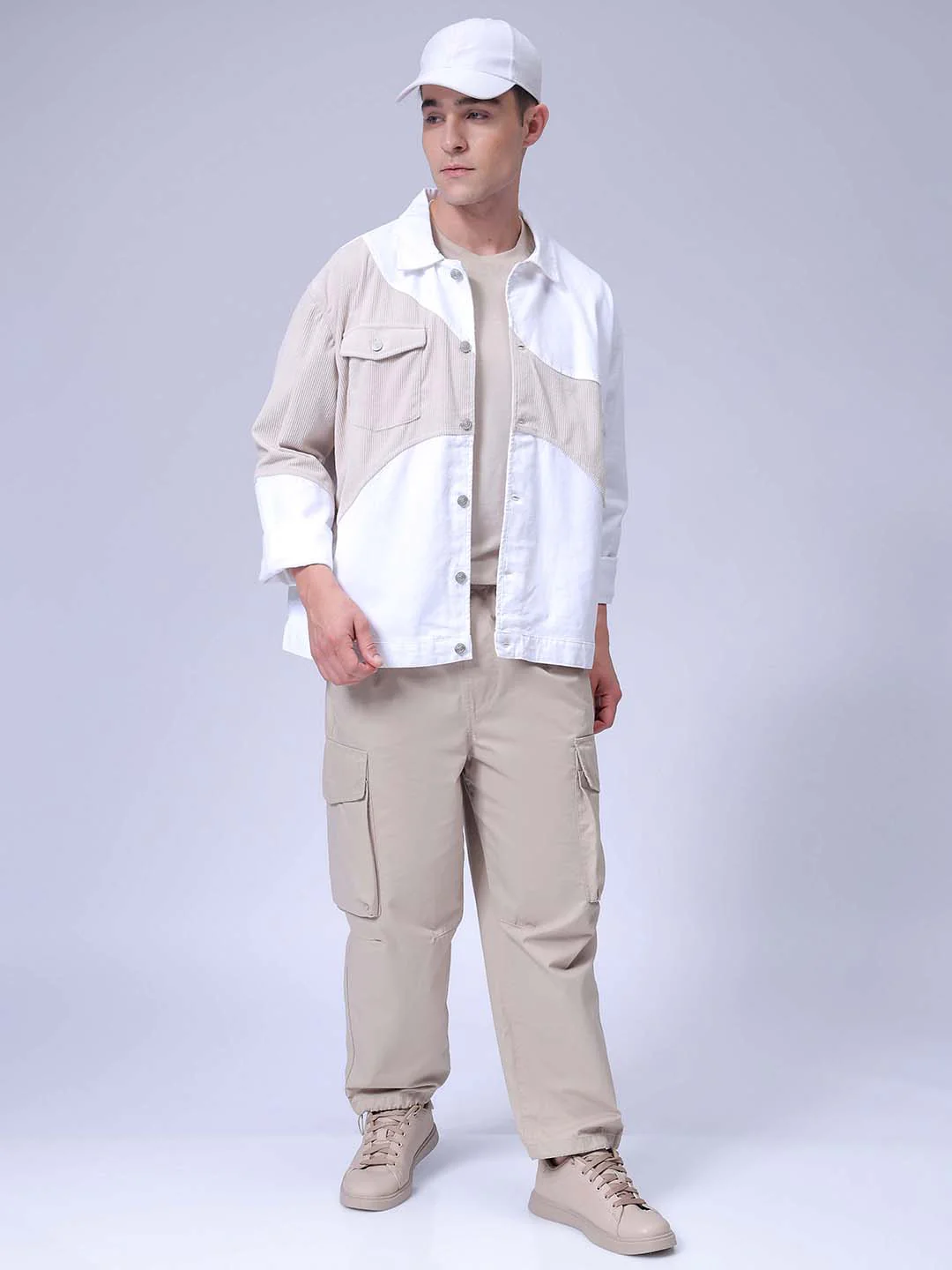 Men's Optic White Relaxed Fit Colourblocked Casual Jacket - Image 6
