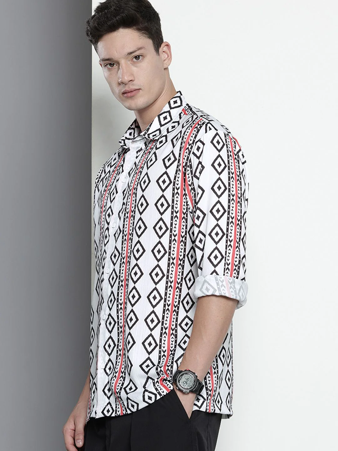 Men's White Relaxed Fit Geometric Print Resort Wear Shirt - Image 2