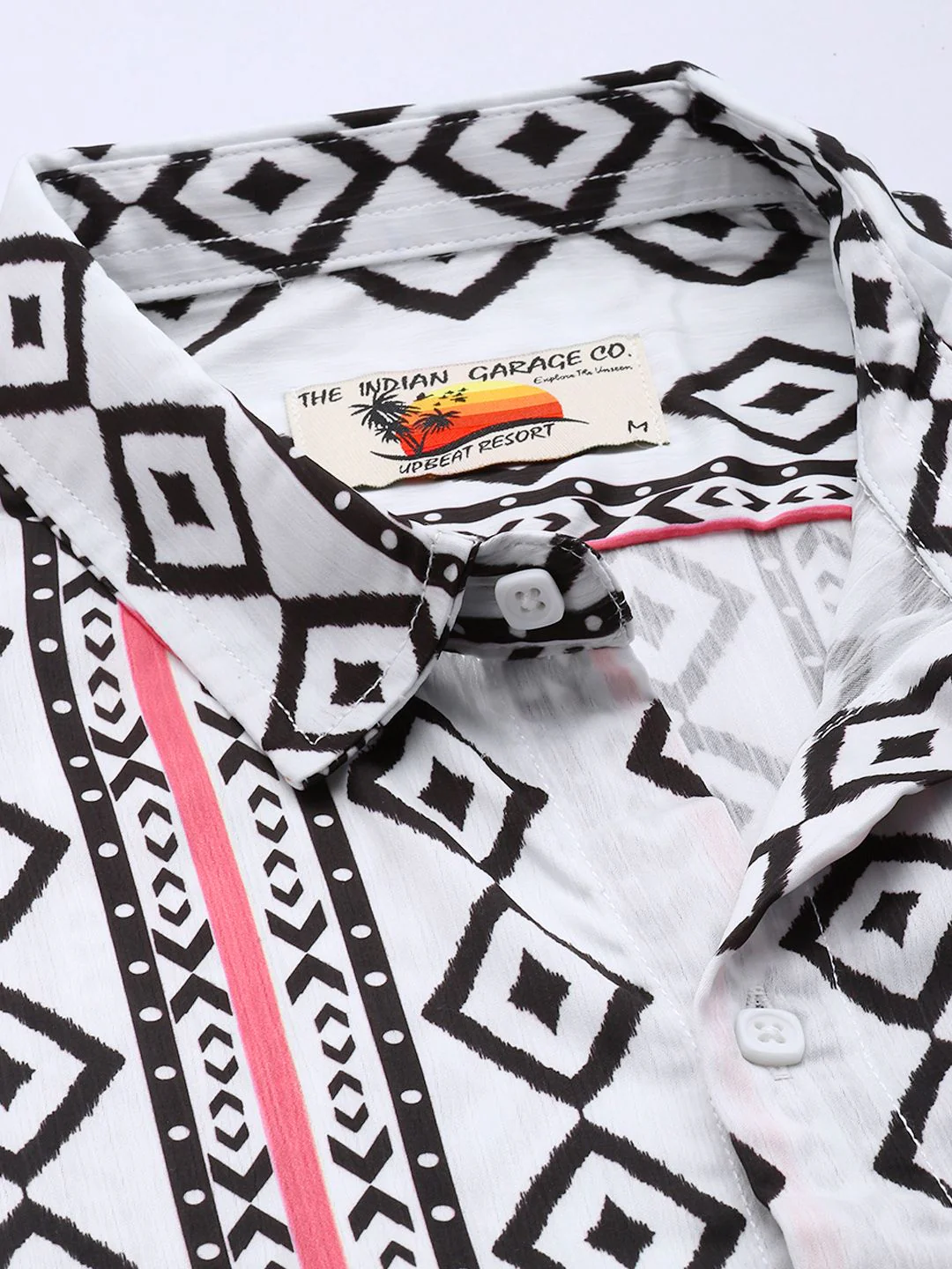 Men's White Relaxed Fit Geometric Print Resort Wear Shirt - Image 3