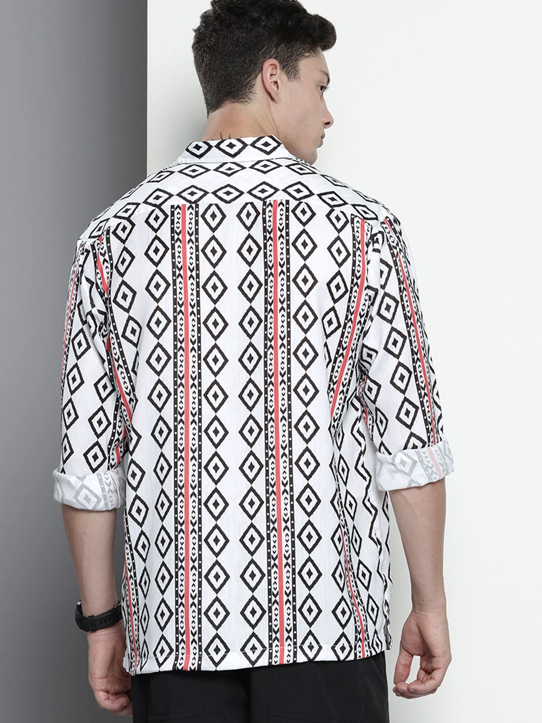 Men's White Relaxed Fit Geometric Print Resort Wear Shirt - Image 4