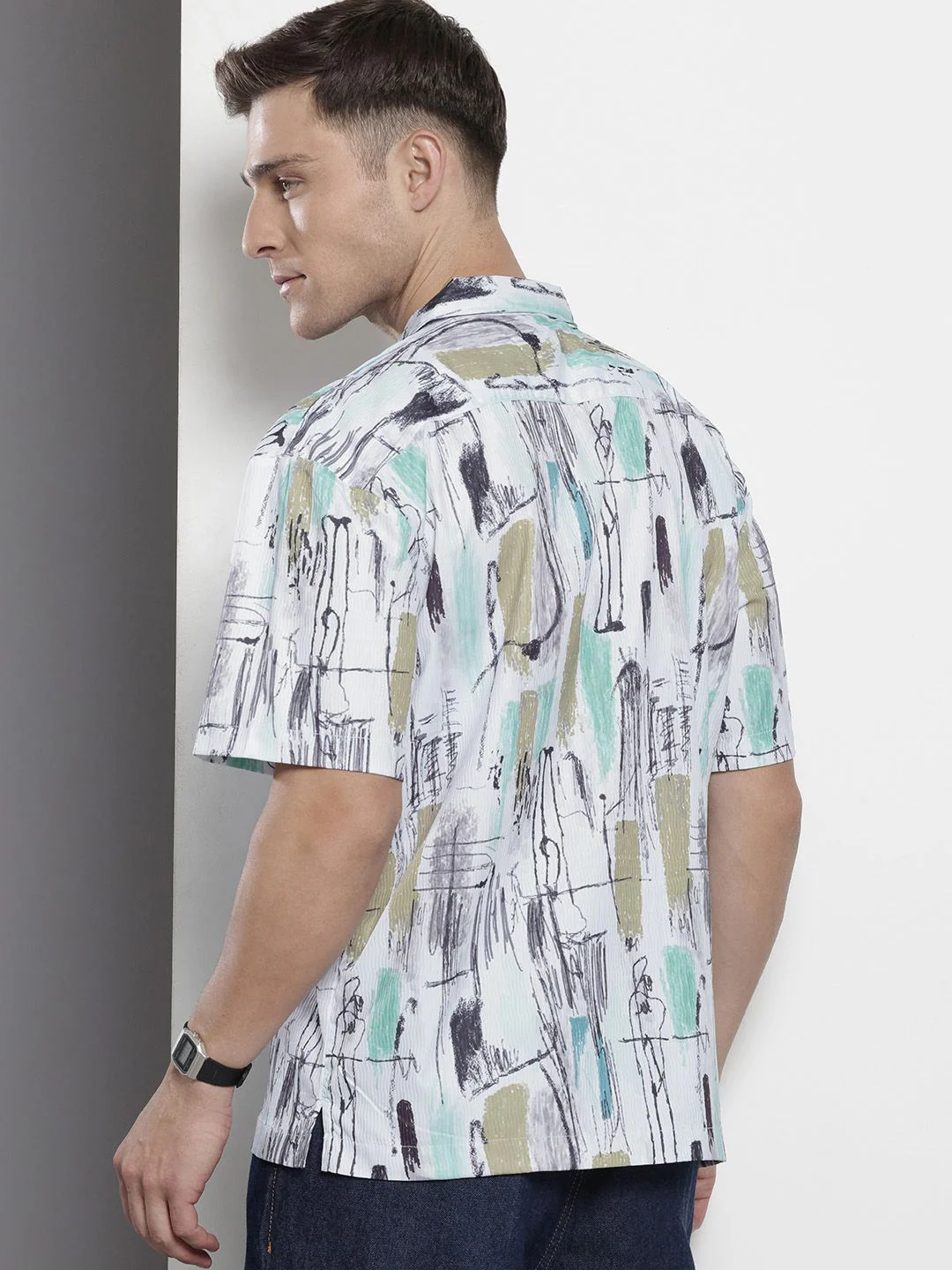 Men's White Relaxed Fit Printed Resort Wear Shirt - Image 4