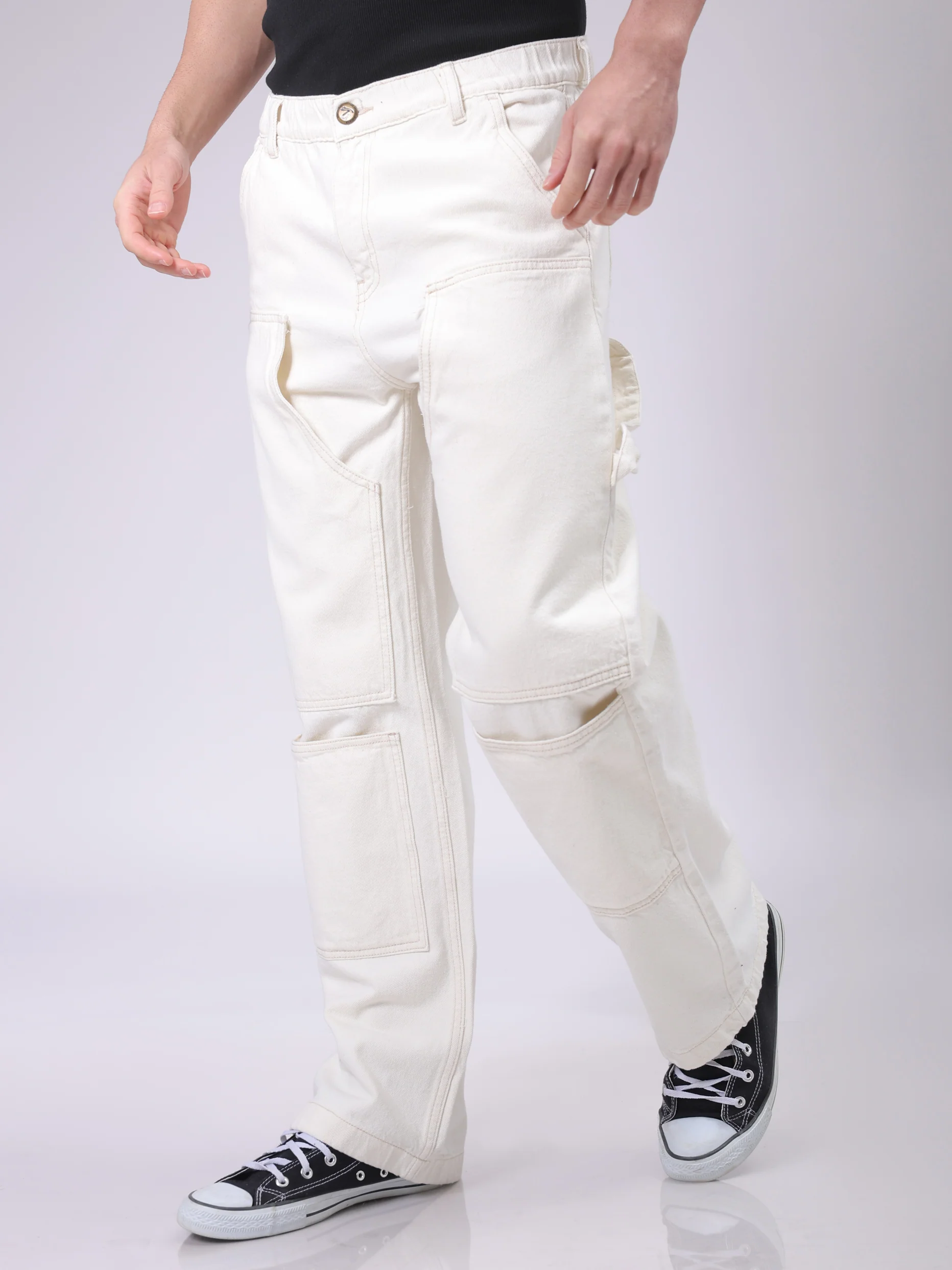 Men's Off White Relaxed Fit Patched Casual Jeans - Image 2