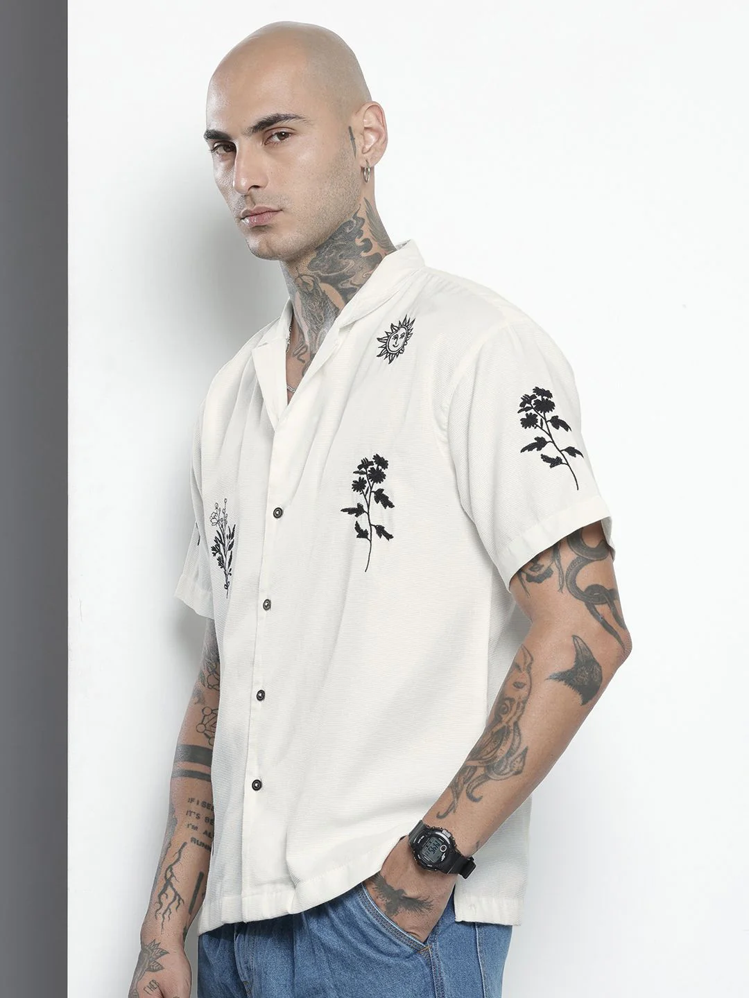 Men's White Relaxed Fit  Embroidered Shirt - Image 2