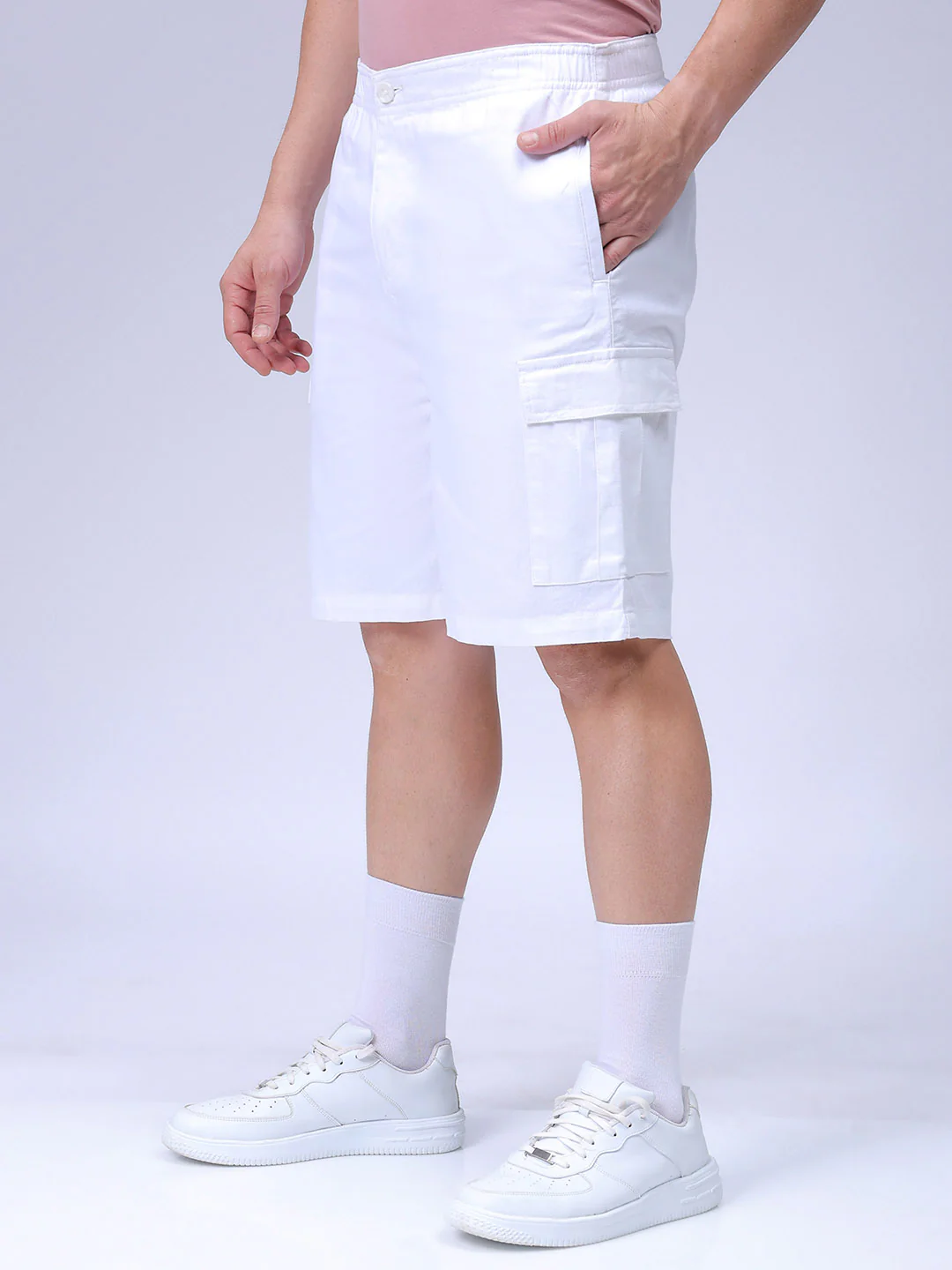 Men's White Relaxed Fit Solid Utility Shorts - Image 3
