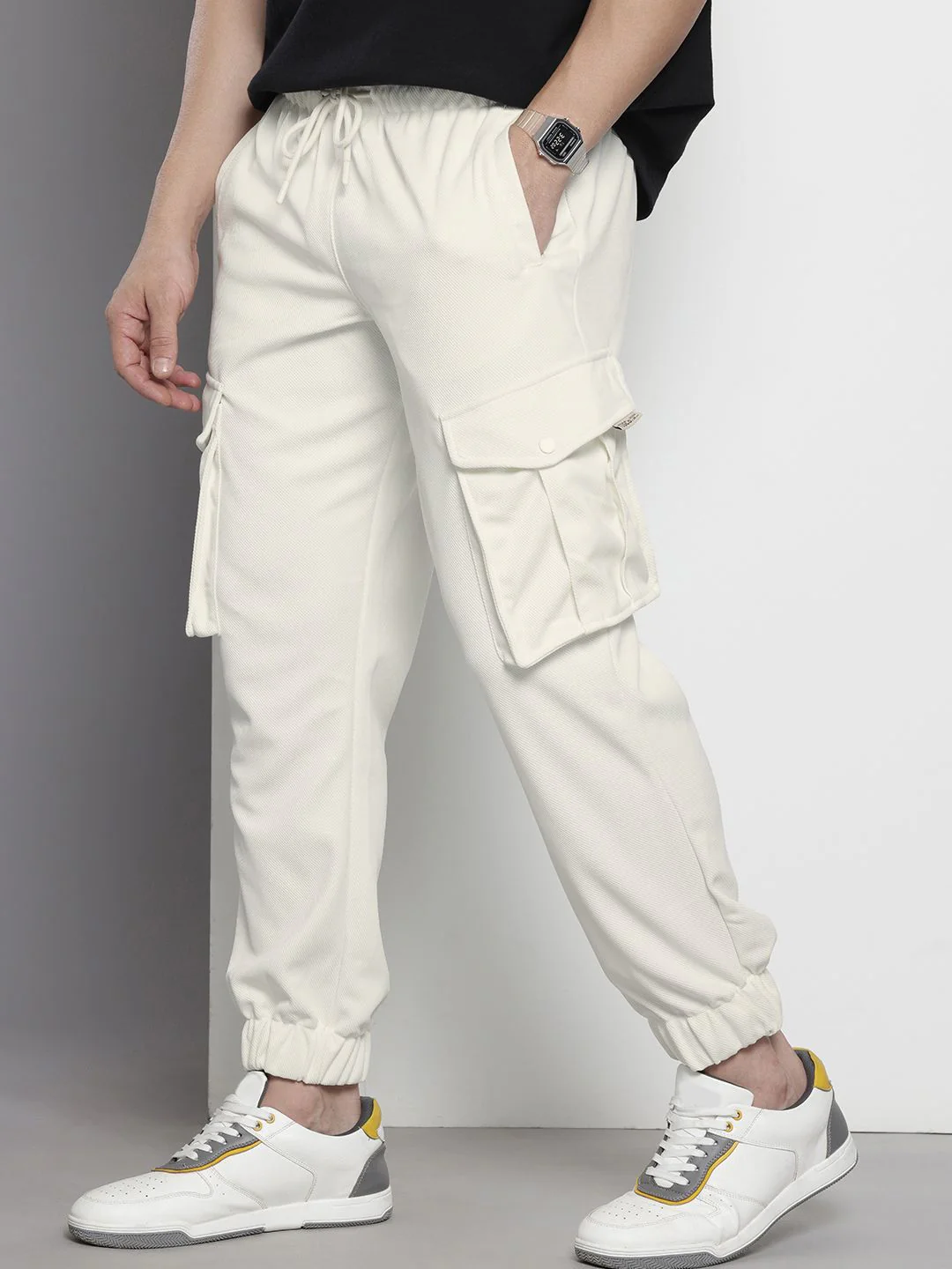 Men's White Relaxed Fit Textured Casual Jogger - Image 2