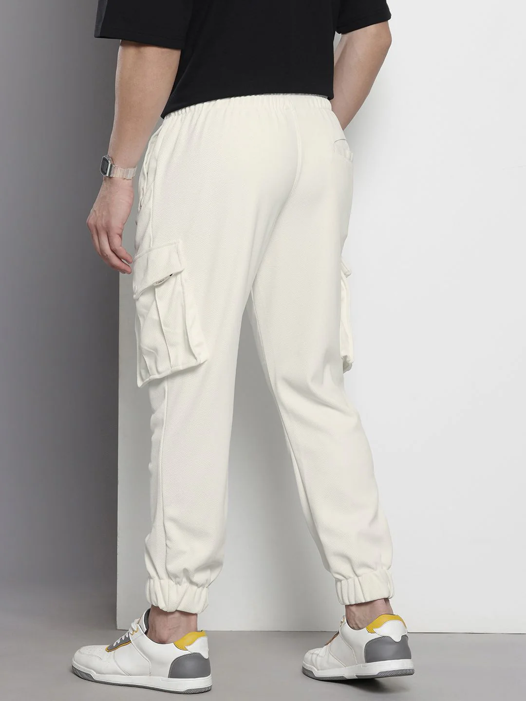 Men's White Relaxed Fit Textured Casual Jogger - Image 3