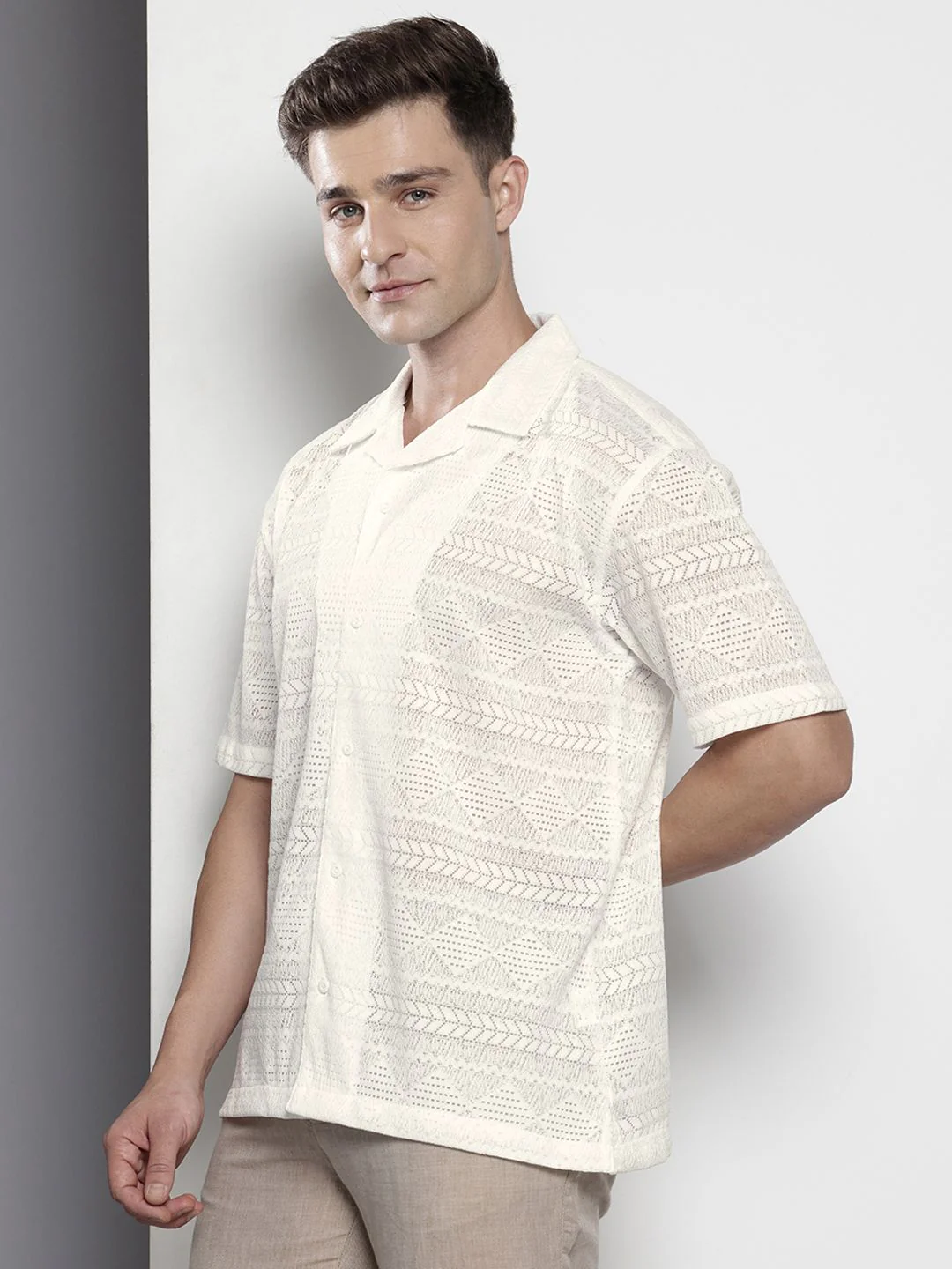 Men's White Relaxed Fit Textured Textured Shirt - Image 2