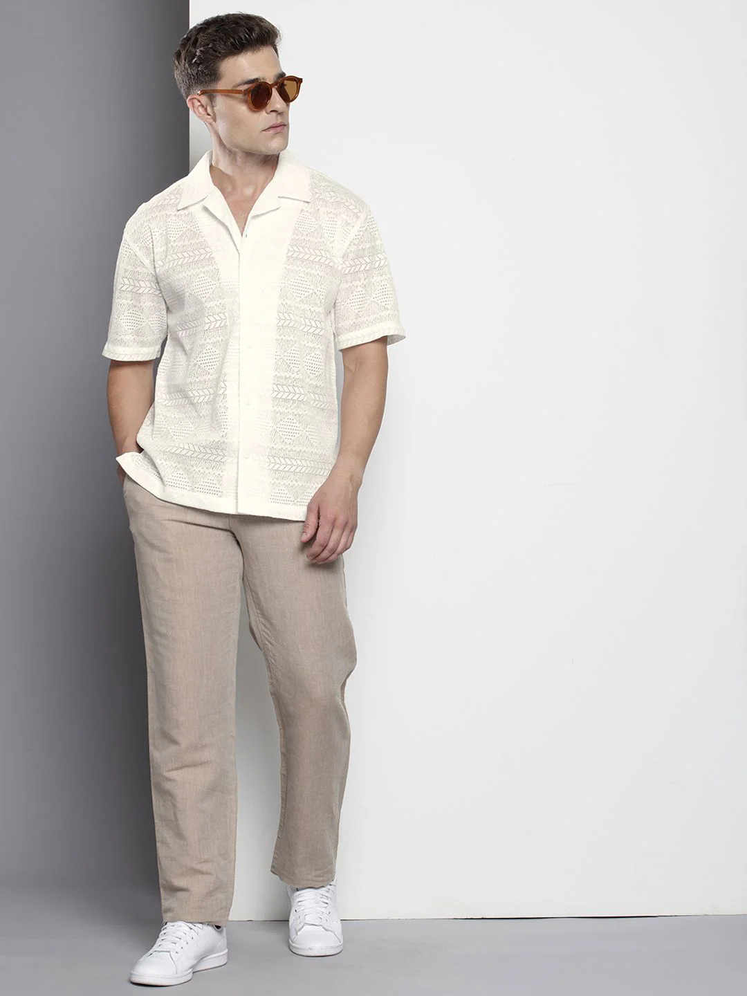 Men's White Relaxed Fit Textured Textured Shirt - Image 3
