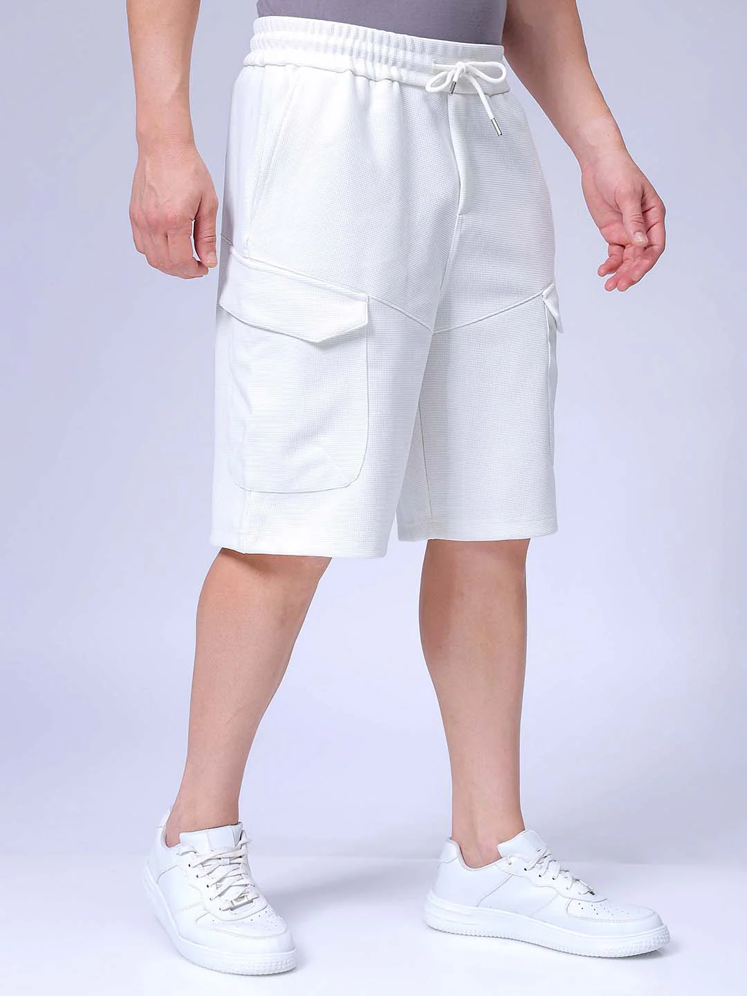 Men's White Relaxed Fit Textured Utility Shorts - Image 3