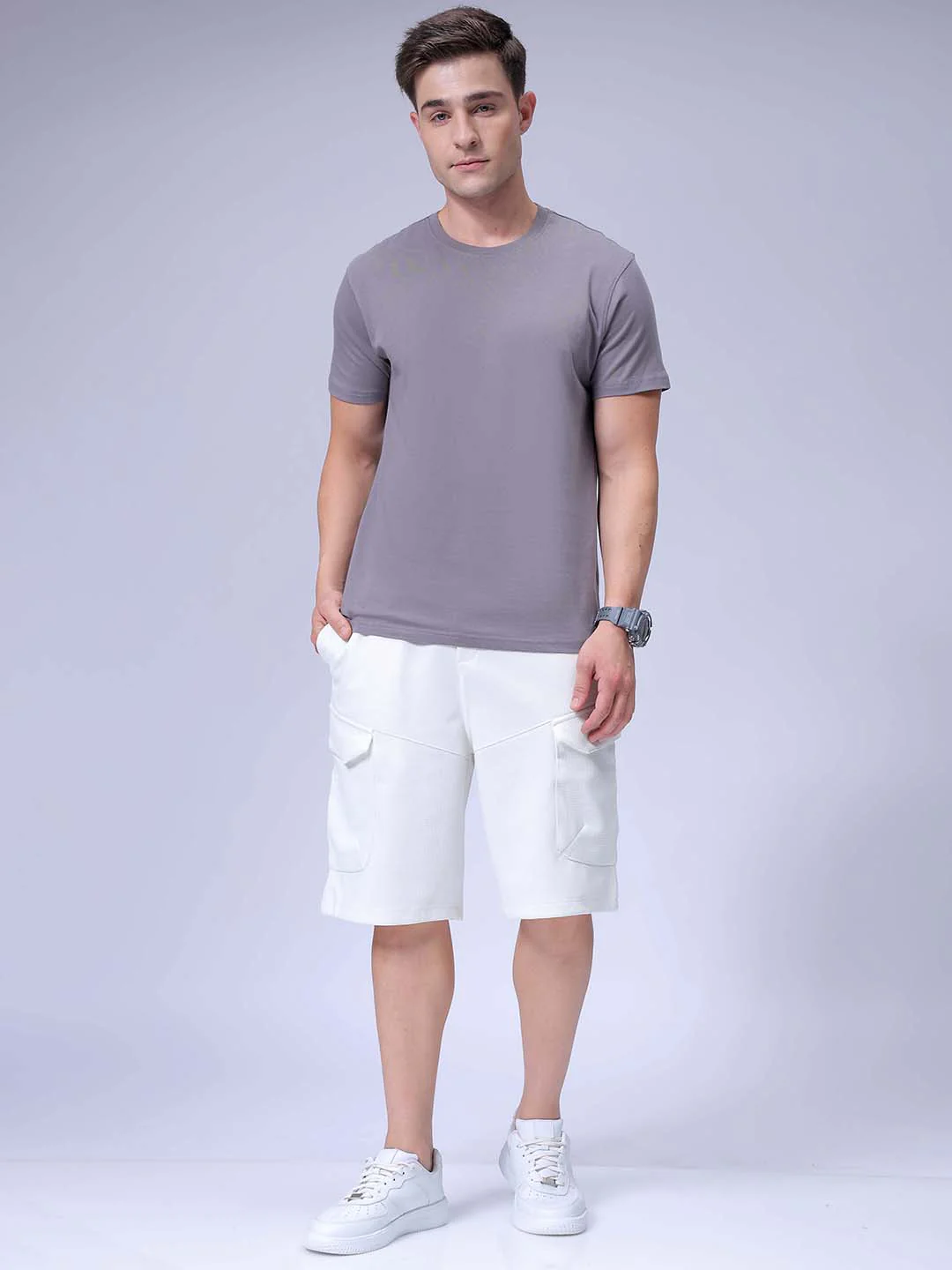 Men's White Relaxed Fit Textured Utility Shorts - Image 4