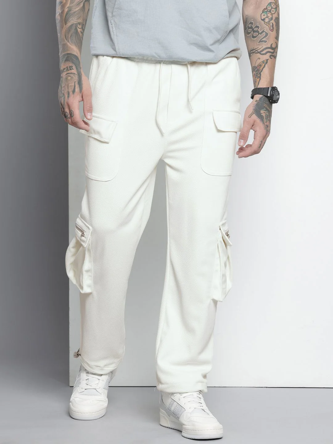Men's White Relaxed Fit Textured Street Wear Jogger - Image 3