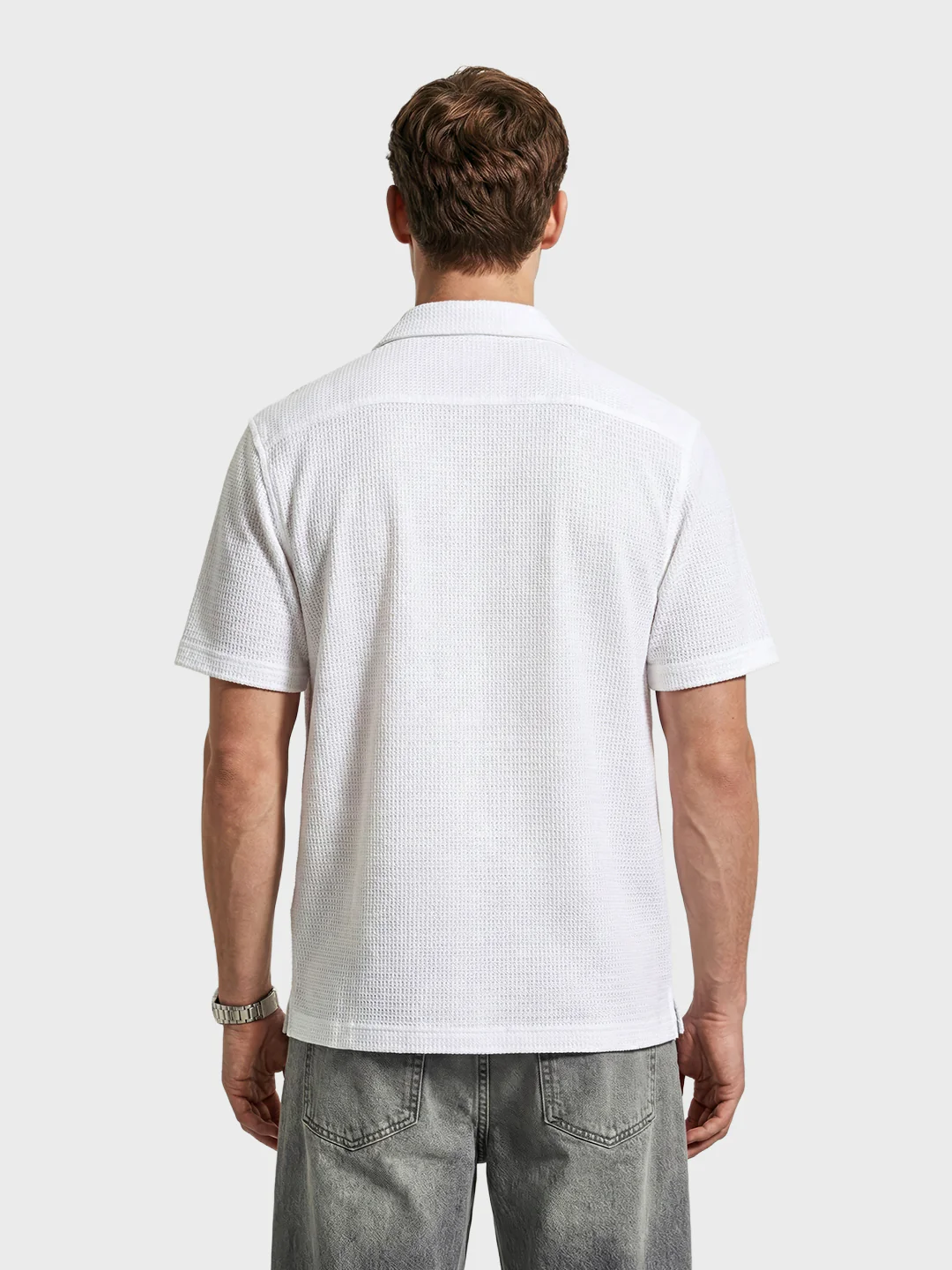Men's White Relaxed Fit Textured Resort Shirt - Image 3
