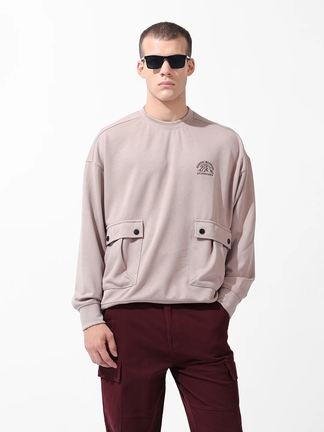 Men's Chalk Relaxed Fit Solid Street Wear Sweatshirts - Image 3