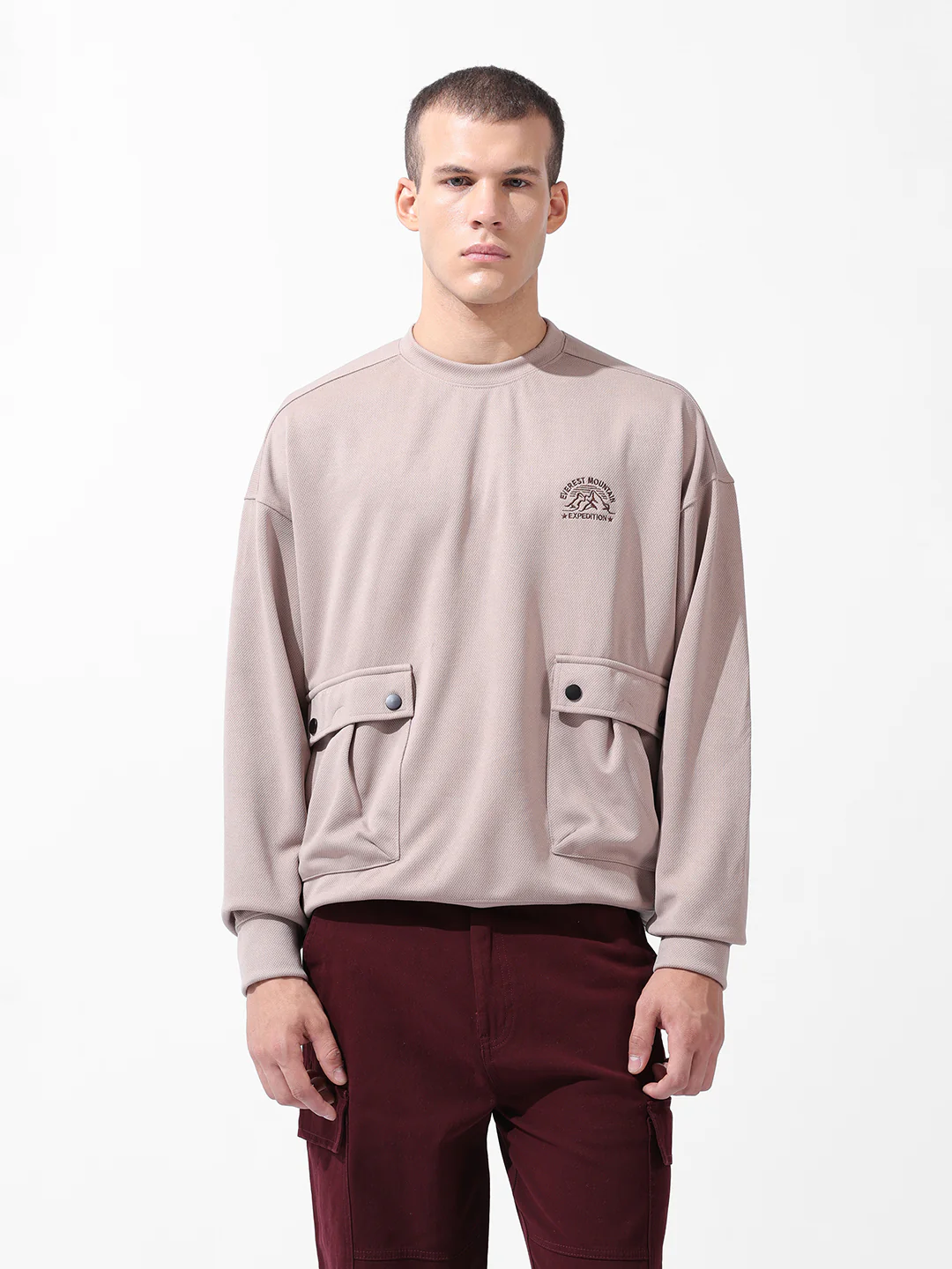 Men's Chalk Relaxed Fit Solid Street Wear Sweatshirts - Image 4