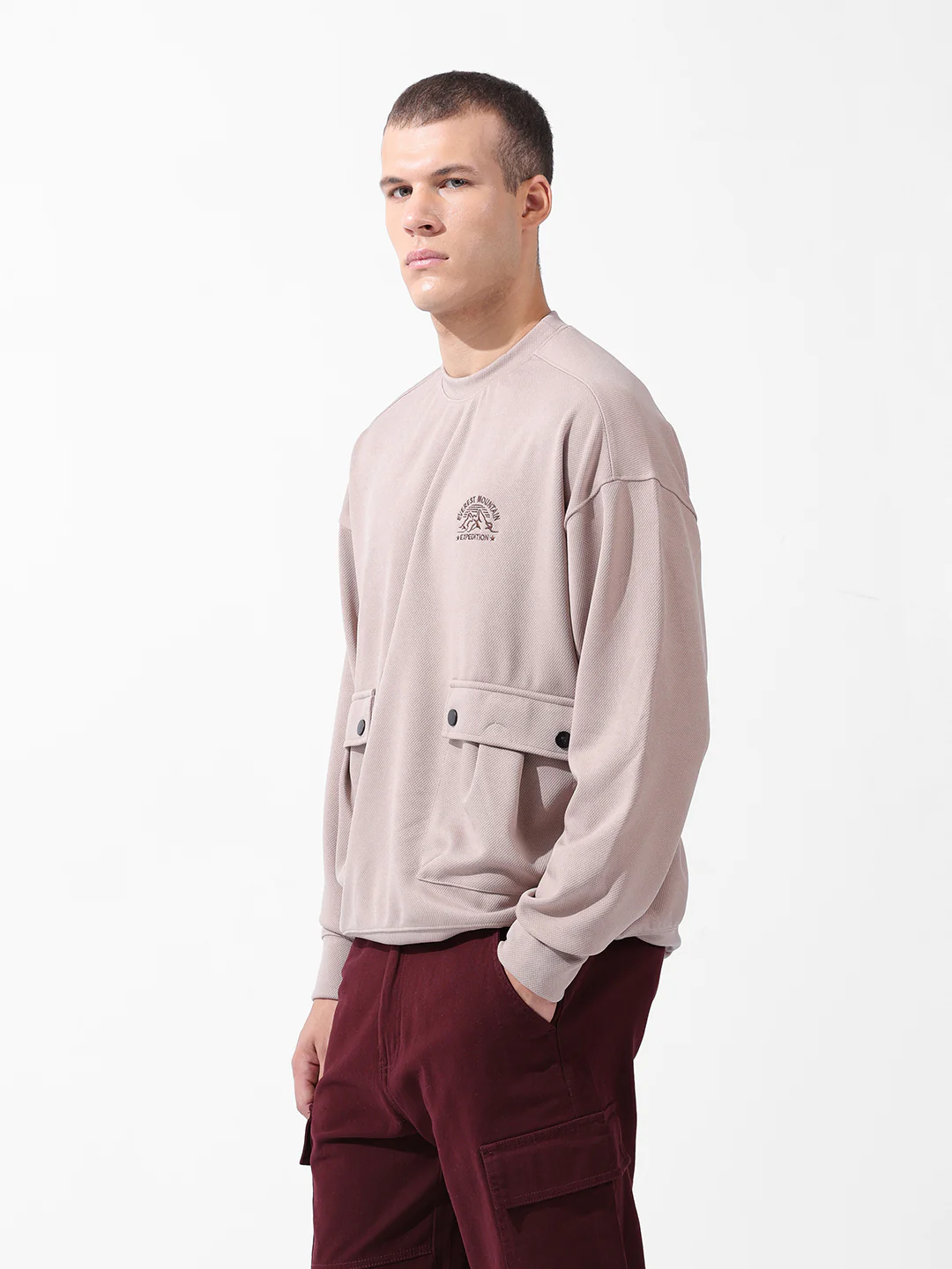 Men's Chalk Relaxed Fit Solid Street Wear Sweatshirts - Image 5