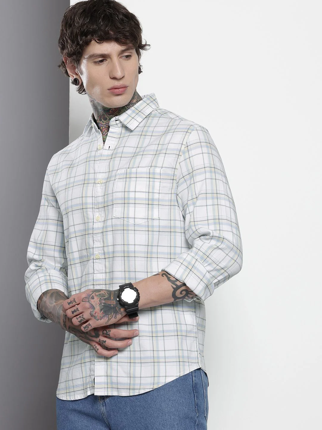 Men's White Slim Fit Checked Casual Shirt - Image 2