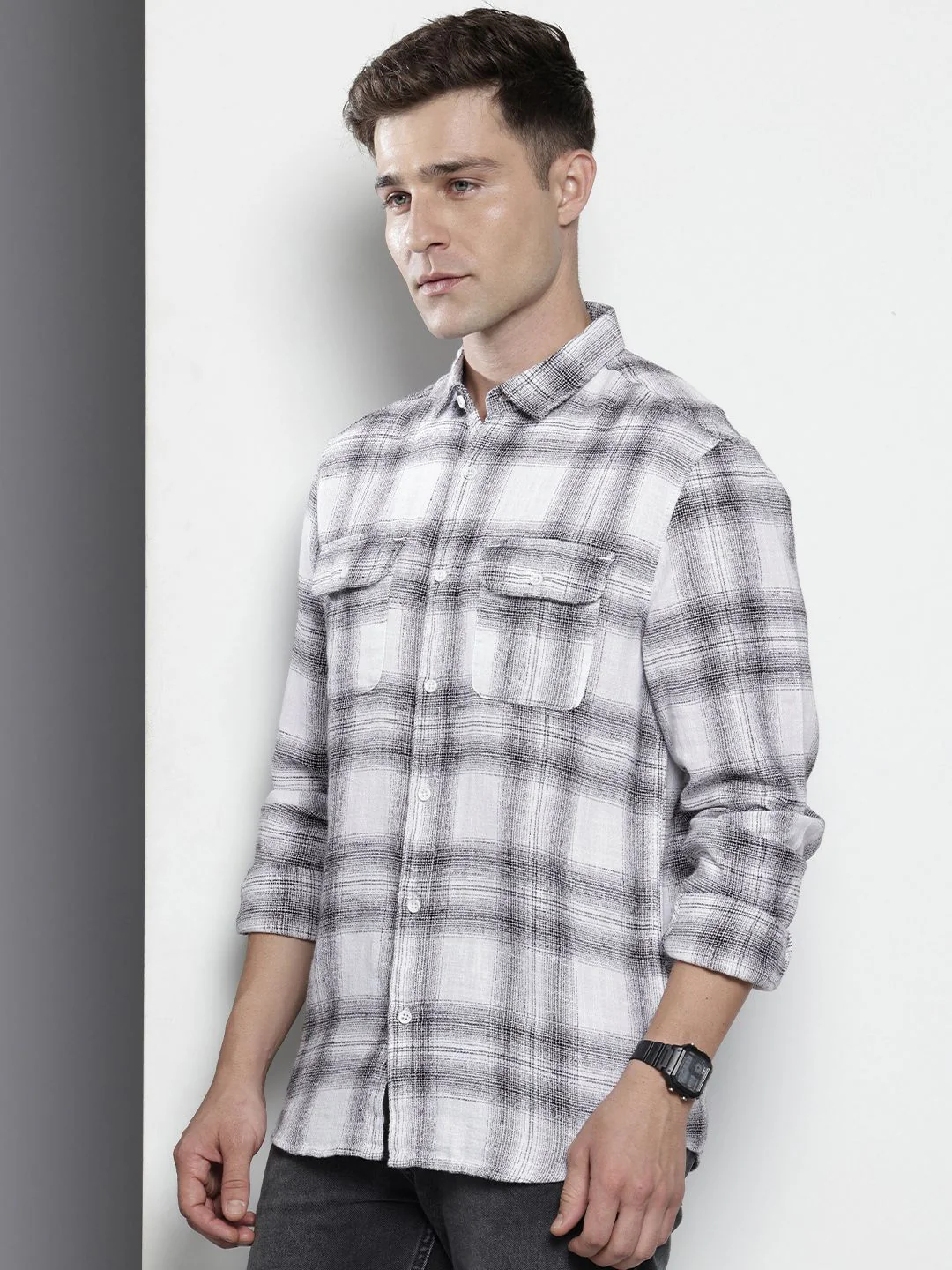 Men's White Slim Fit Checked Casual Shirt - Image 2