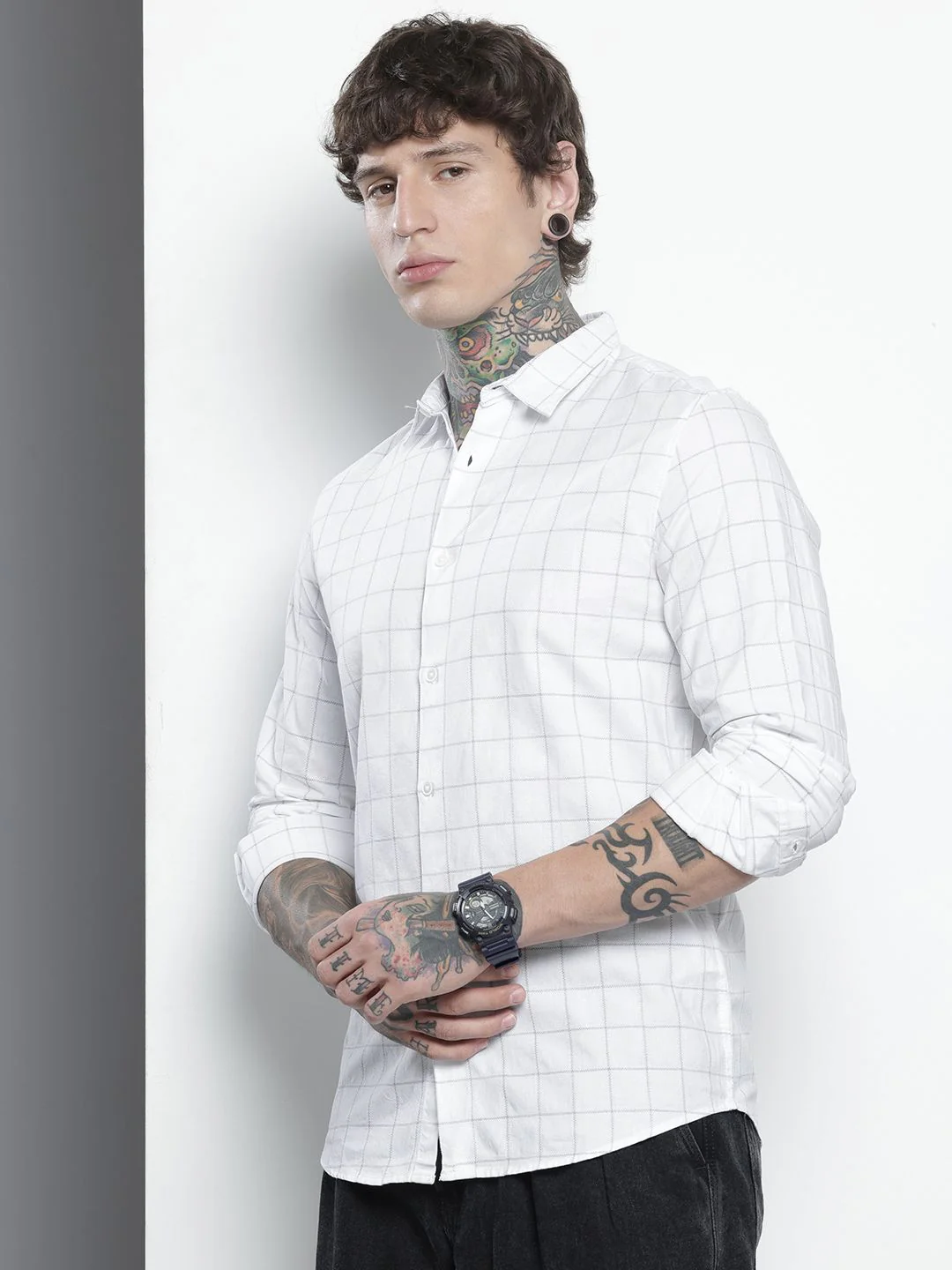 Men's White Slim Fit Checked Casual Shirt - Image 2