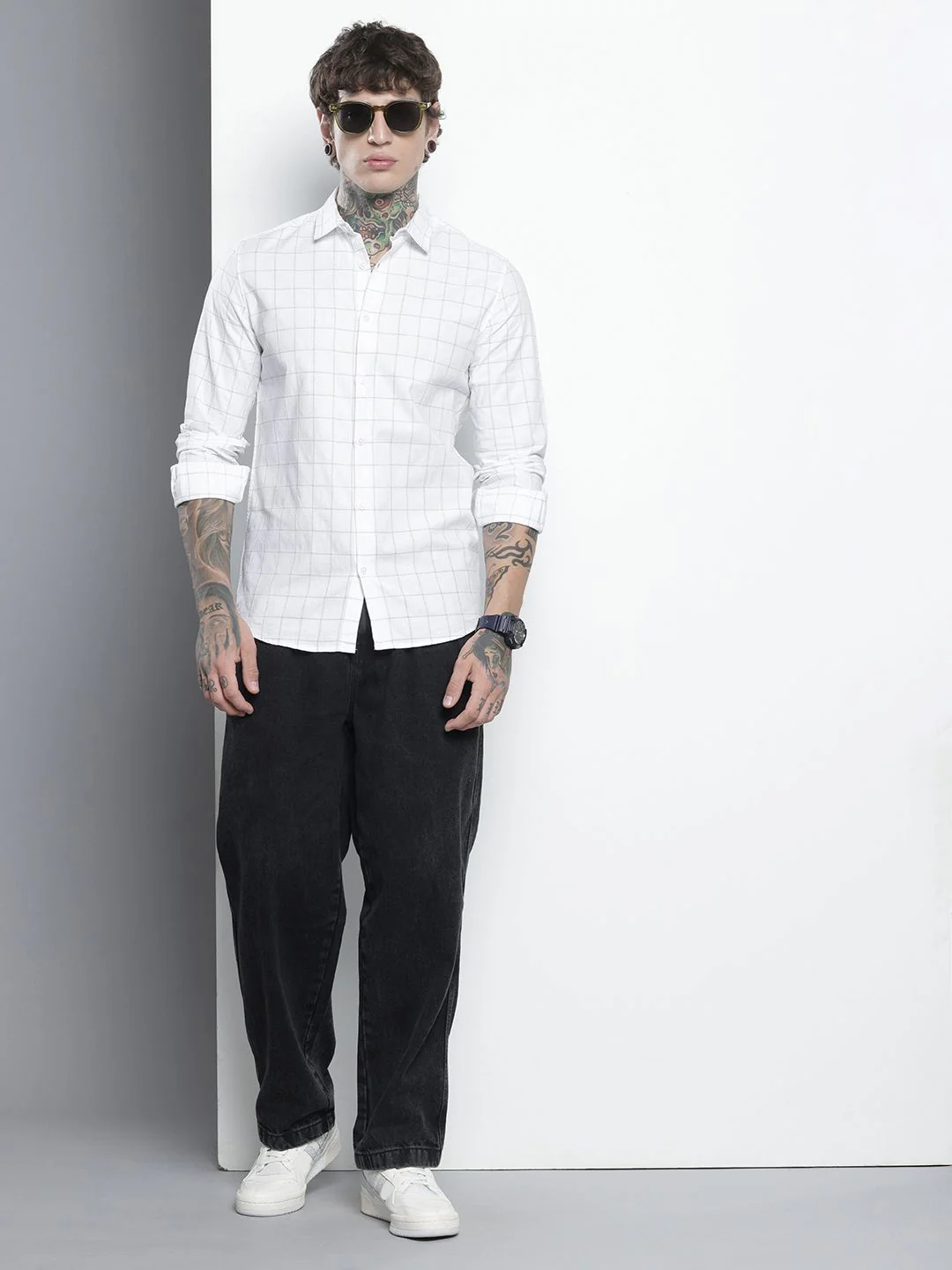Men's White Slim Fit Checked Casual Shirt - Image 3