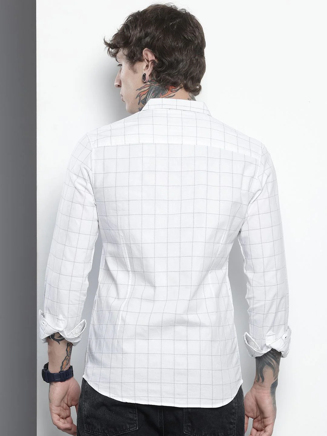 Men's White Slim Fit Checked Casual Shirt - Image 4