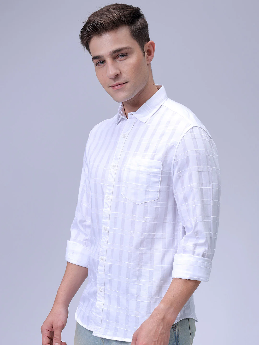 Men's White Slim Fit Checkered Casual Shirt - Image 3