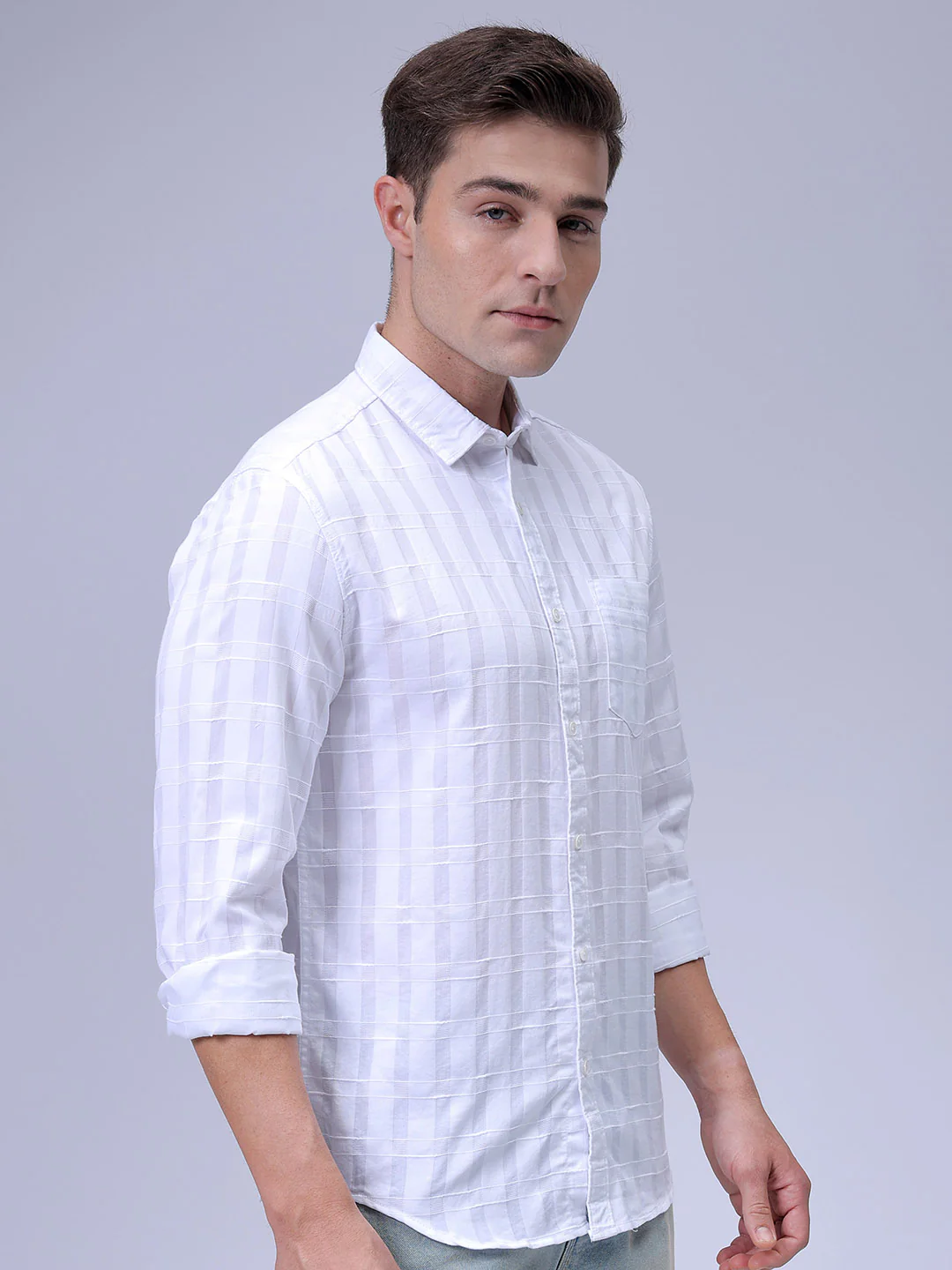 Men's White Slim Fit Checkered Casual Shirt - Image 4