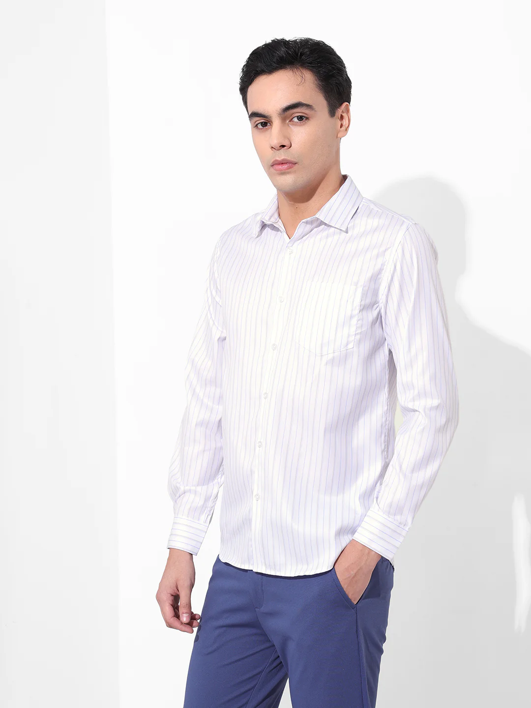 Men's White Slim Fit Striped Formal Shirt - Image 2