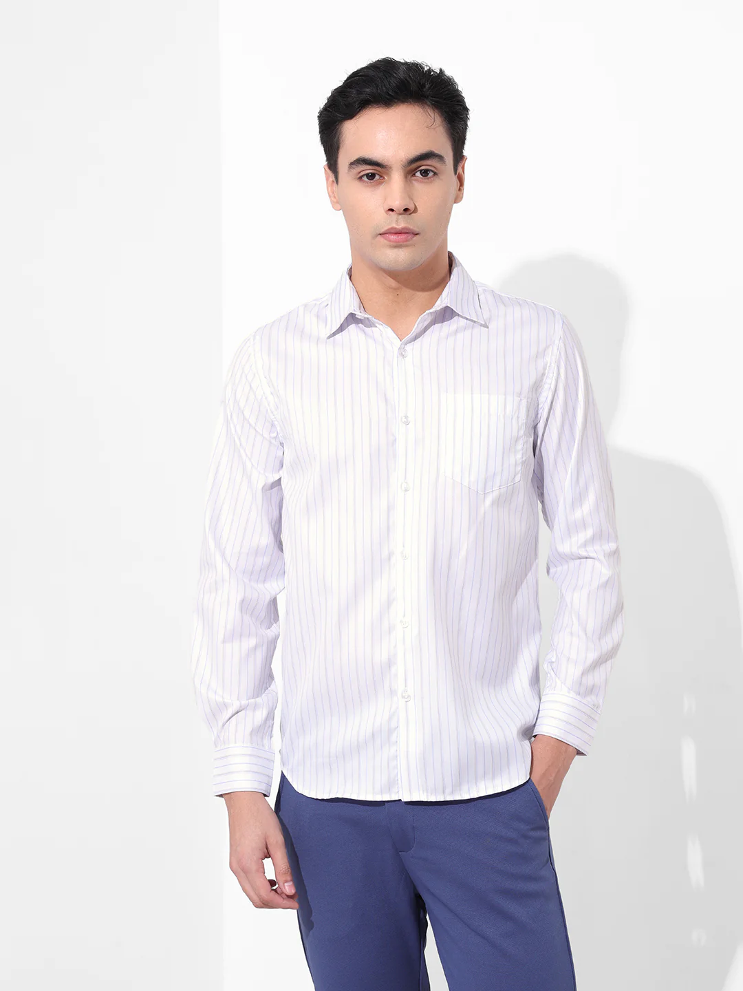 Men's White Slim Fit Striped Formal Shirt - Image 6