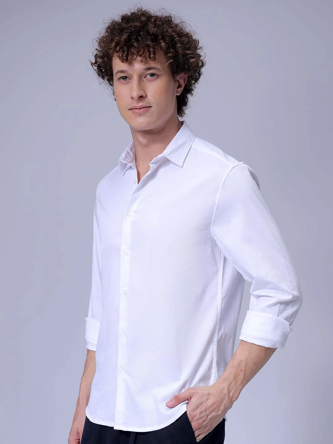 Men's White Slim Fit Solid Textured Shirt - Image 2