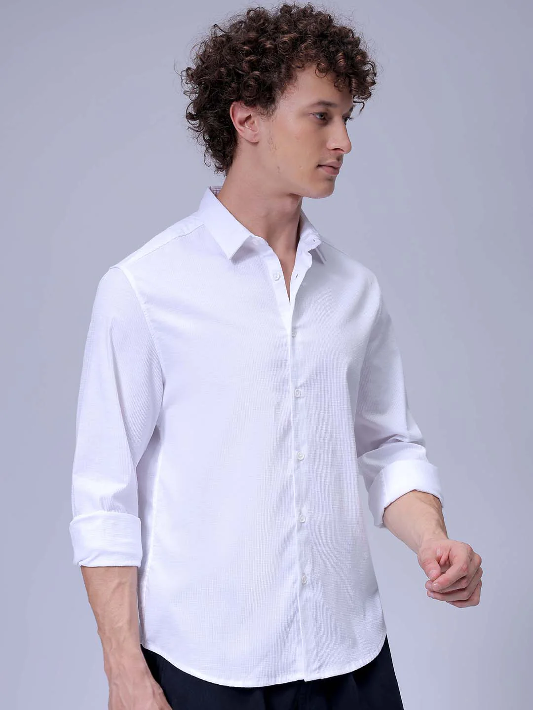 Men's White Slim Fit Solid Textured Shirt - Image 3