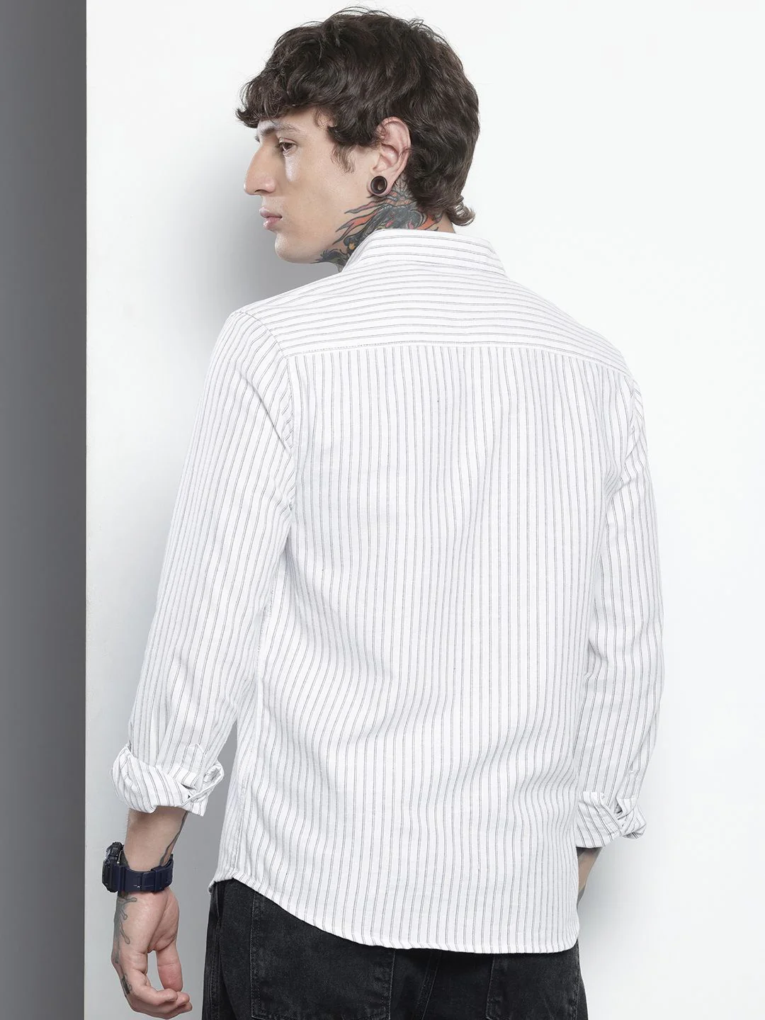 Men's White Slim Fit Striped Casual Shirt - Image 3